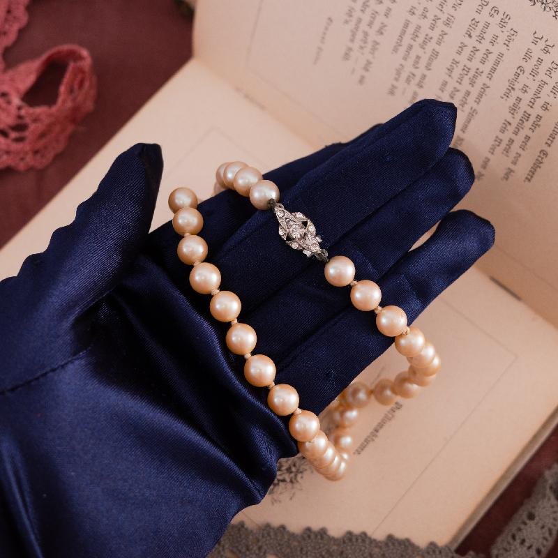 c.a. 1960s England Hand Knotted Champagne Rose Glass Pearl Necklace - 60cm (EC511)