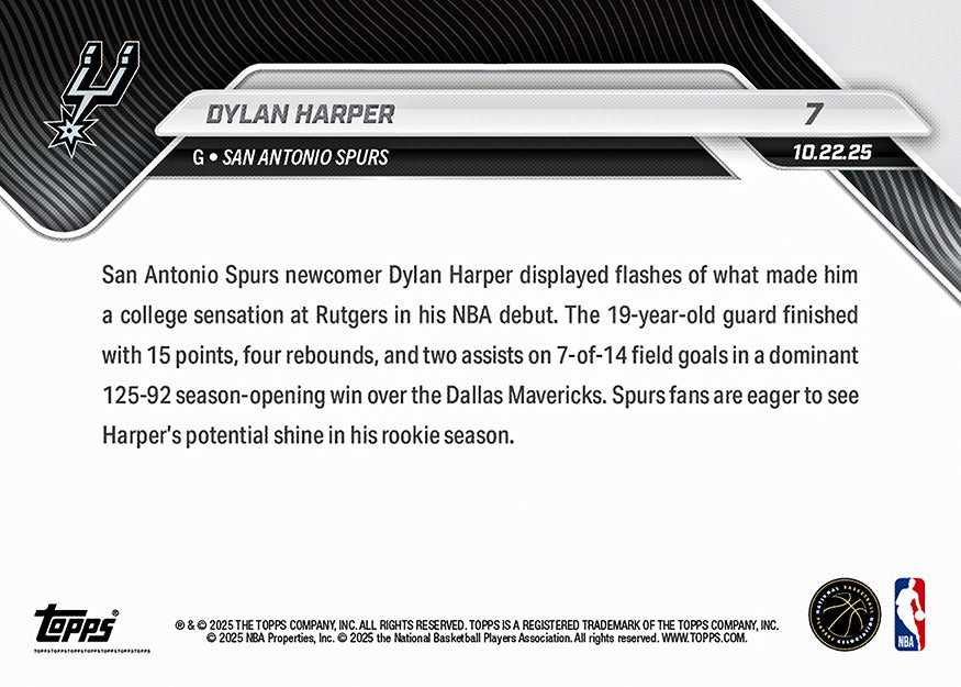 Dylan Harper RC - 2025-26 NBA Topps NOW® #7 San Antonio Spurs 新人卡｜PR 6,491