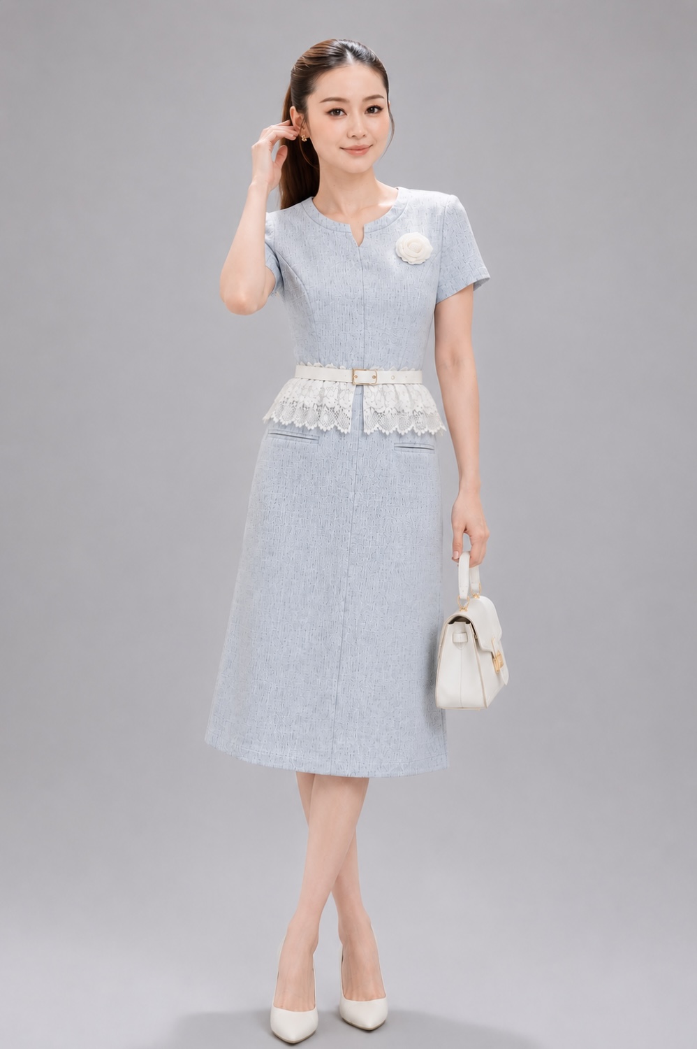 26623-1 Celeste Lace Peplum Belted Midi Dress