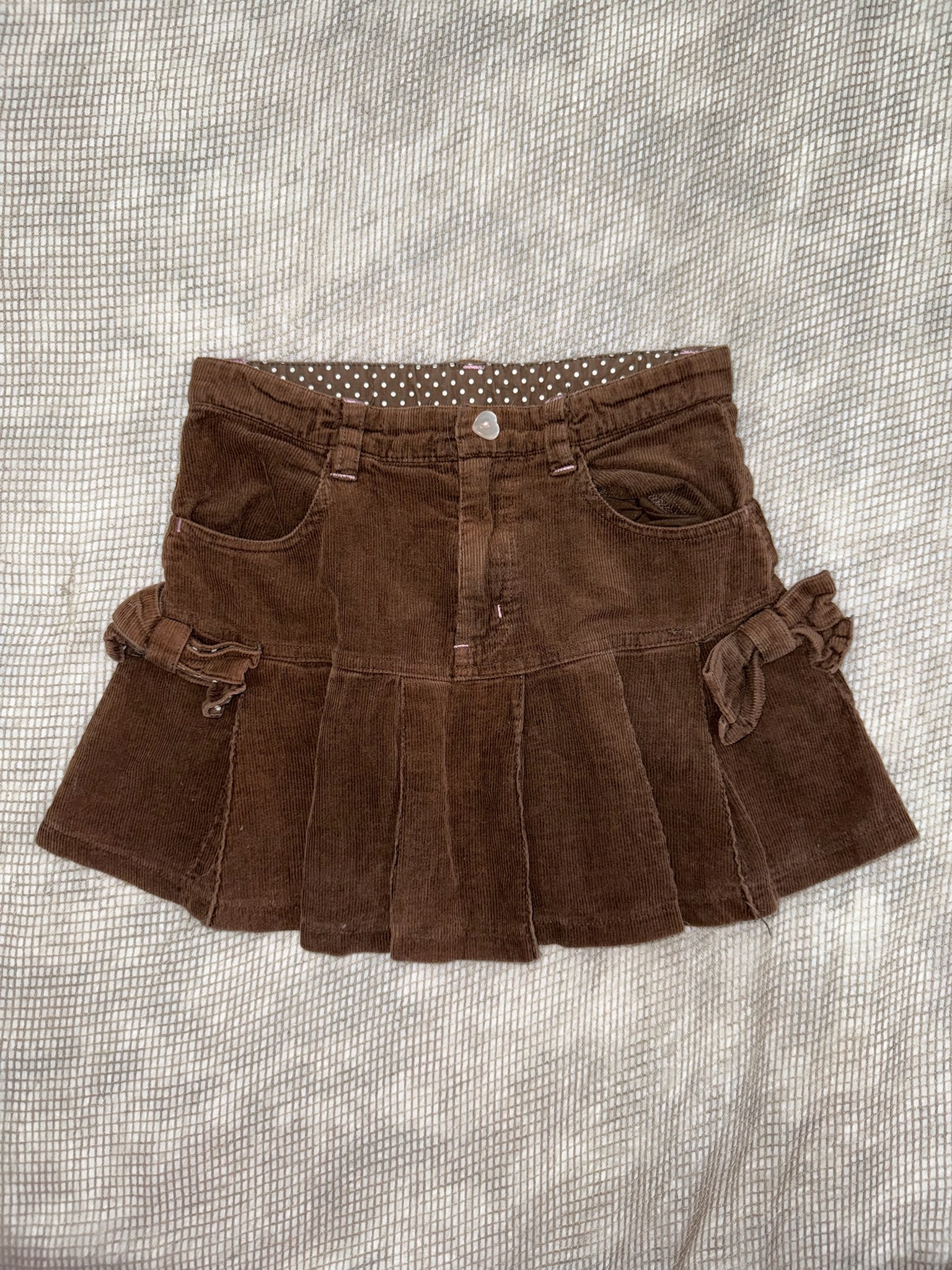 Brown Corduroy Pleated Mini Skirt with Side Bows and Polka Dot Lining