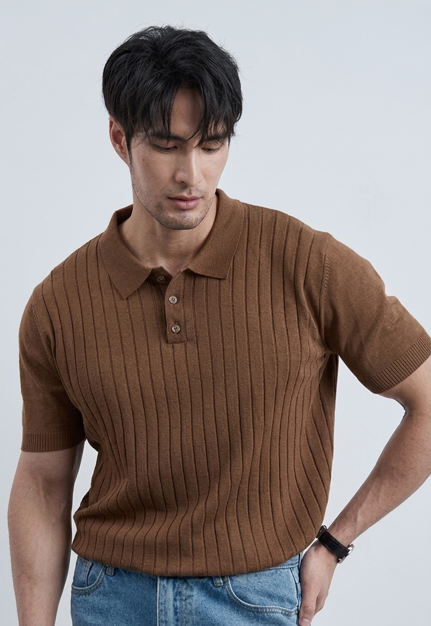 Brown Ribbed Knit Polo