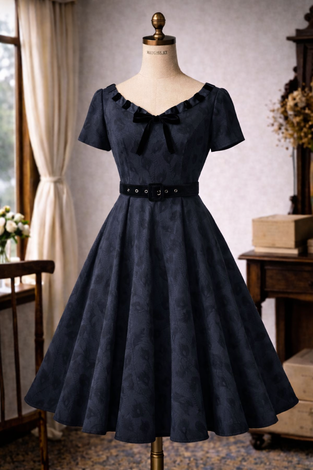 (Last S) 1950s Glamour Peacock Feather Motif Jacquard Fabric with Black Velvet Trim (FM226)
