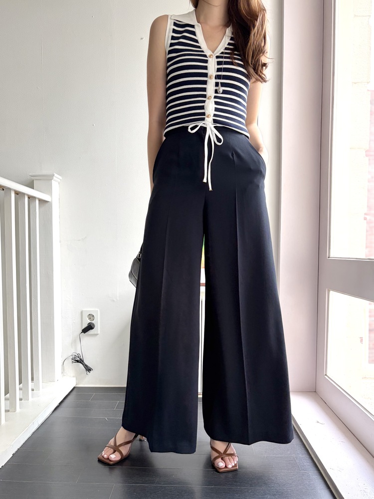 [超涼!!] Contrast Belt Wide Leg Slacks (Navy)