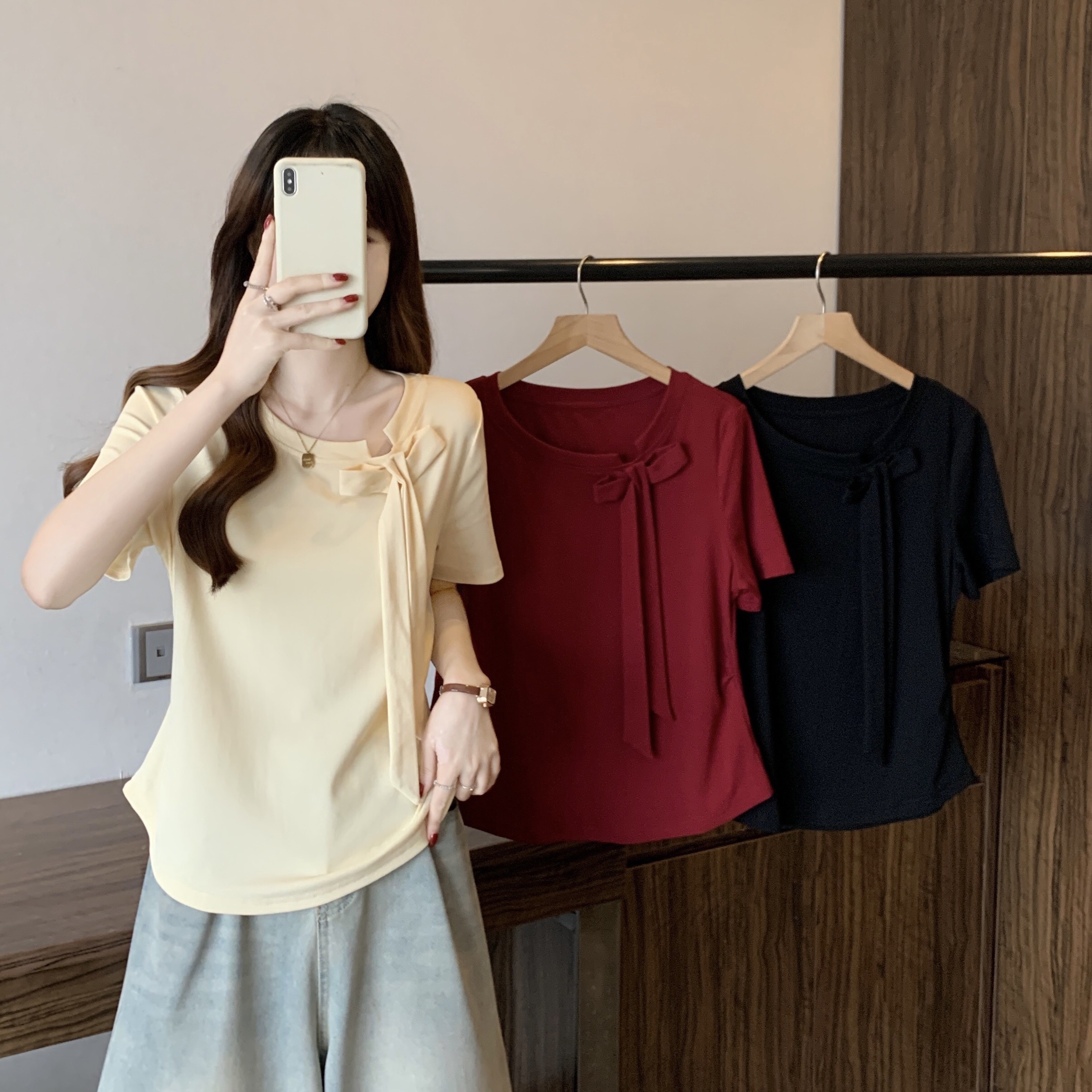 B72(80595) 韩版斜领边蝴蝶结系带设计感3色上衣