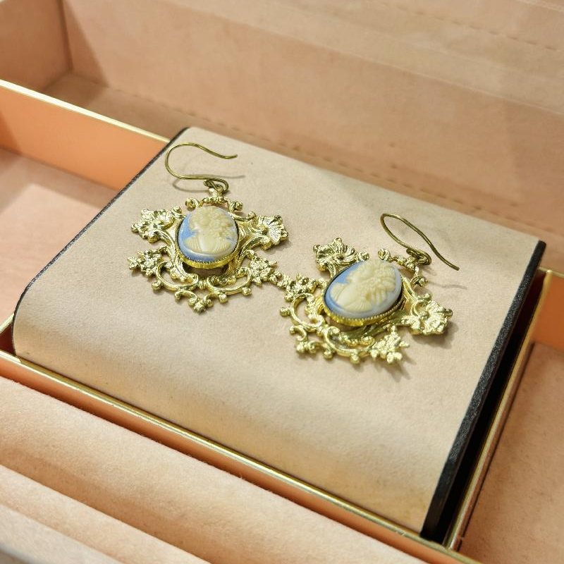 Blue Glass Cameo Hook Earrings (C032)