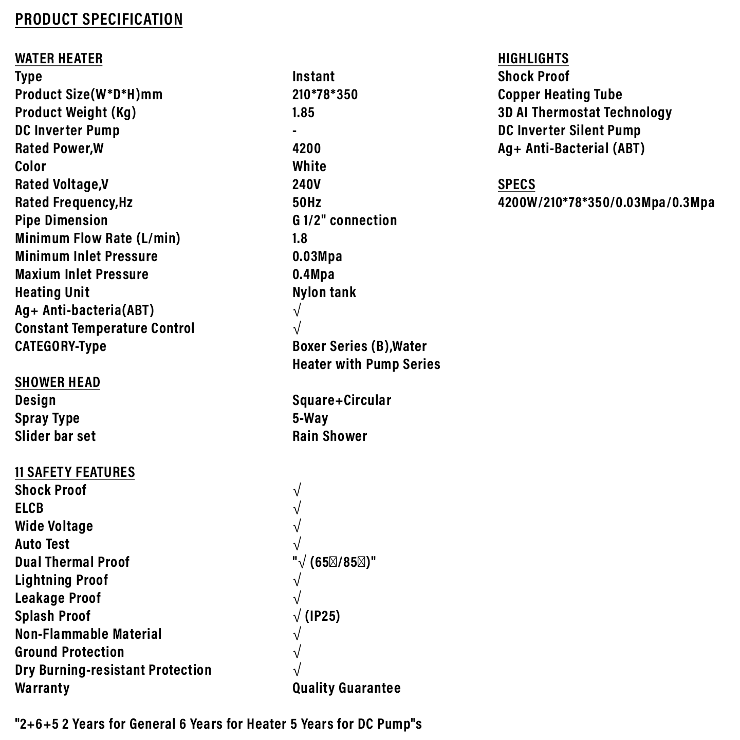 Haier 4.2kW DC Pump Rain Shower Water Heater (EI42M-BP3B-RS)
