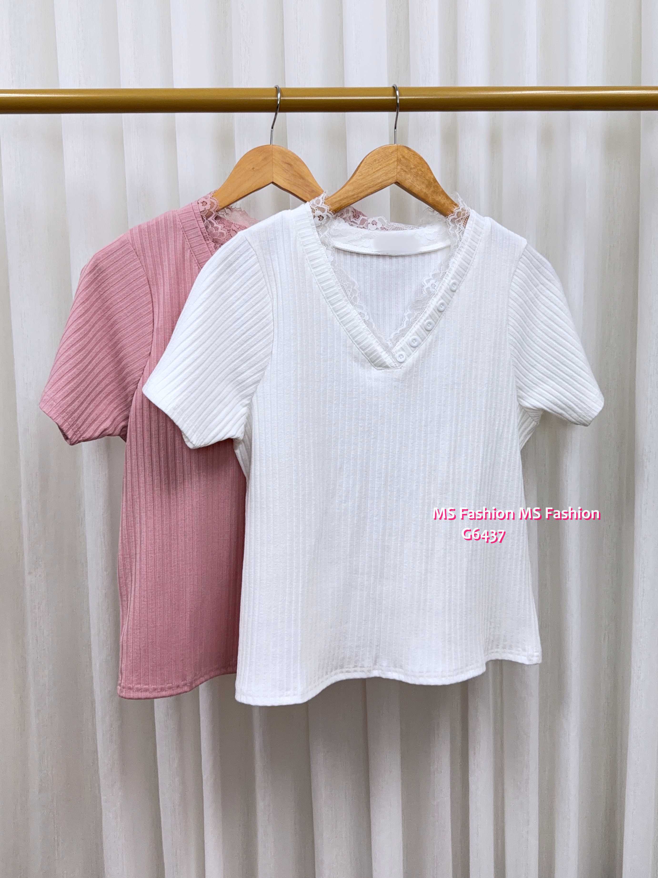 G6437 V領lace暗直紋top