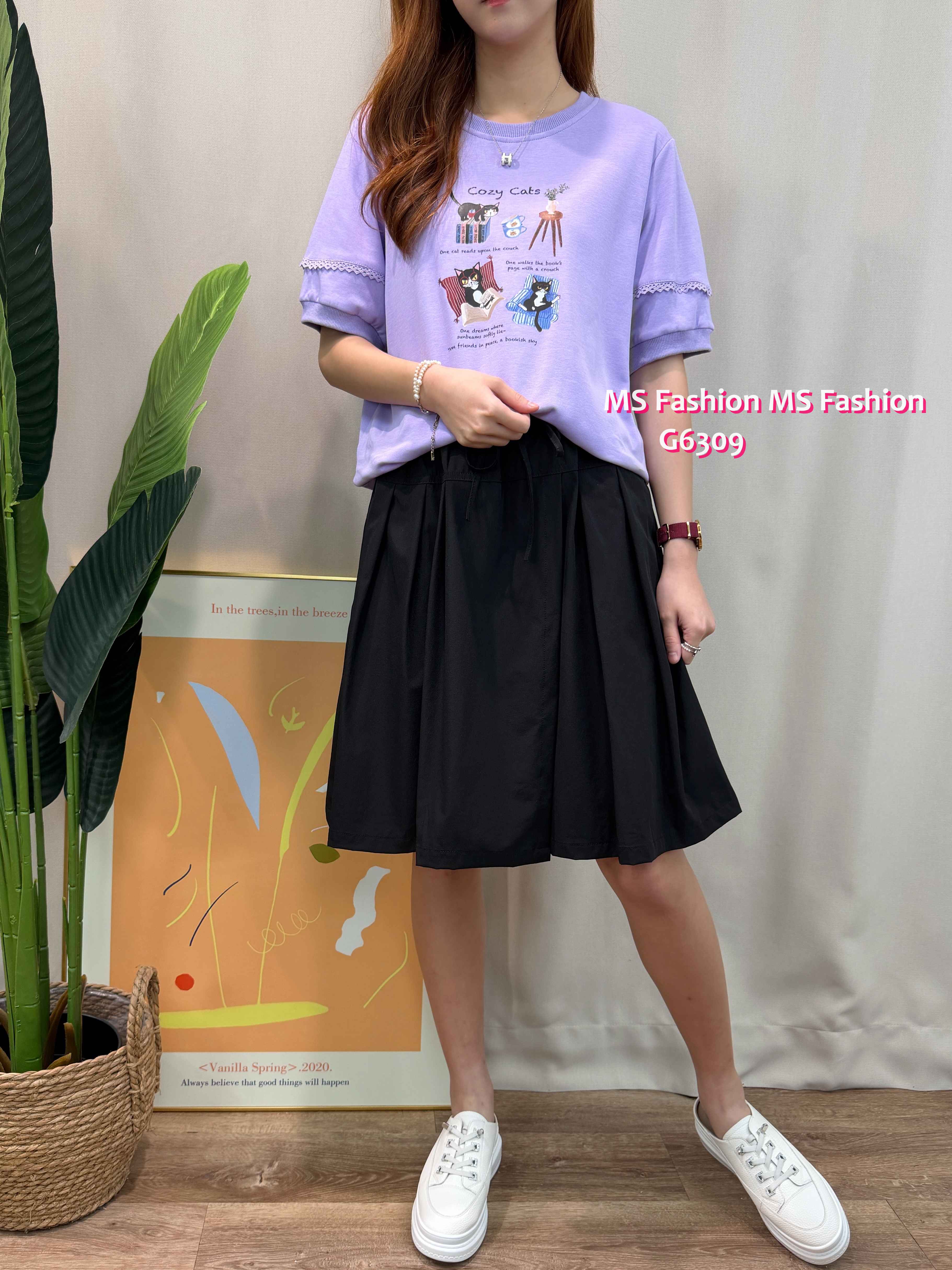 G6309 可愛黑貓花邊袖top