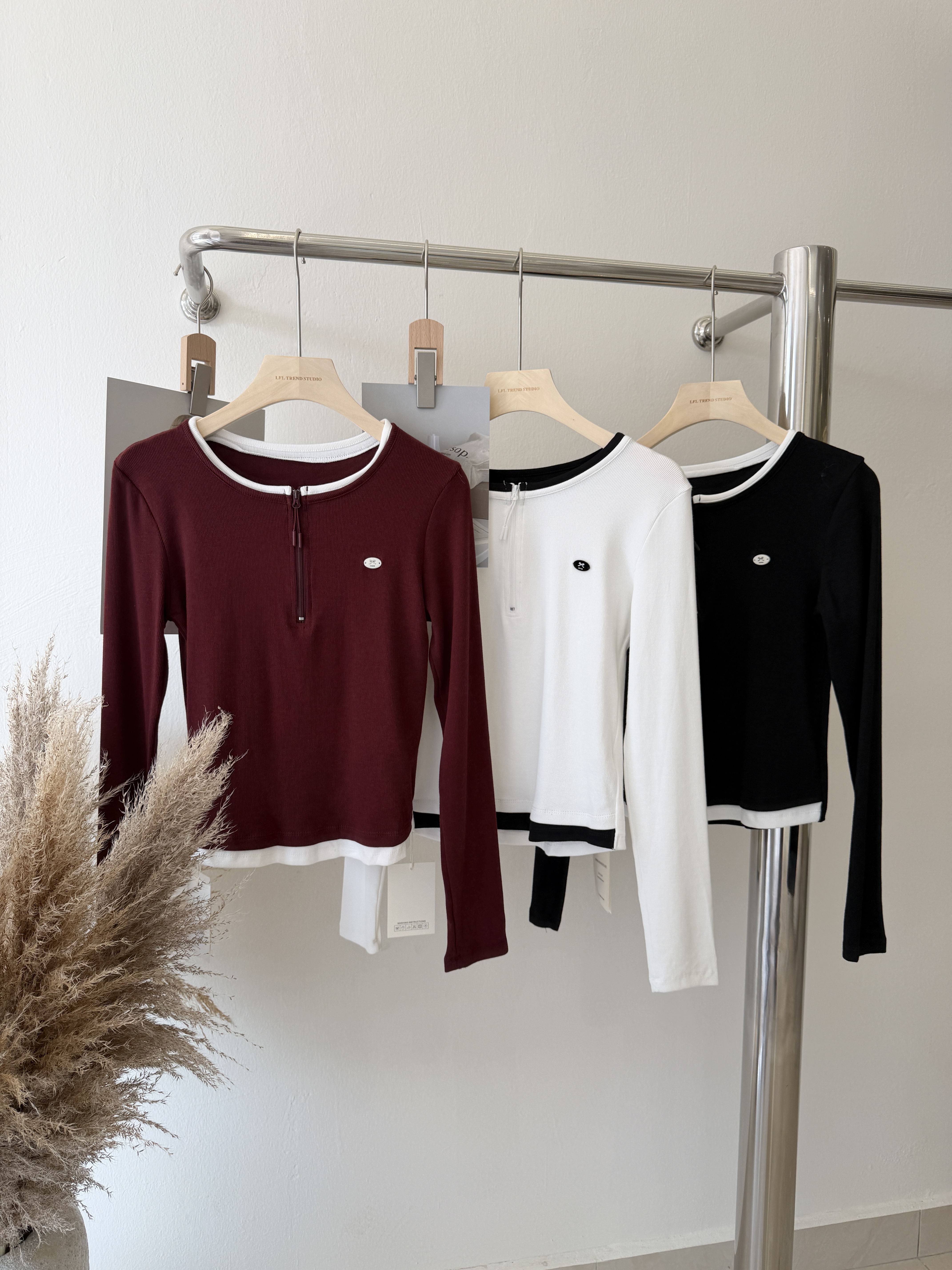 6569 爆款假两件半拉链长袖