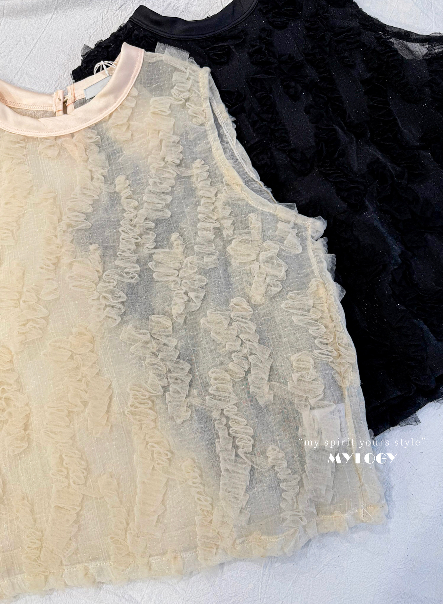 法式浪漫～Lace褶皺微閃薄紗背心 MIE0001 - 白色 Ivory
