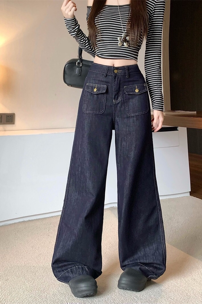 B126(5003) 韩版JEANS单钮双翻盖单钮口袋蓝直筒长裤