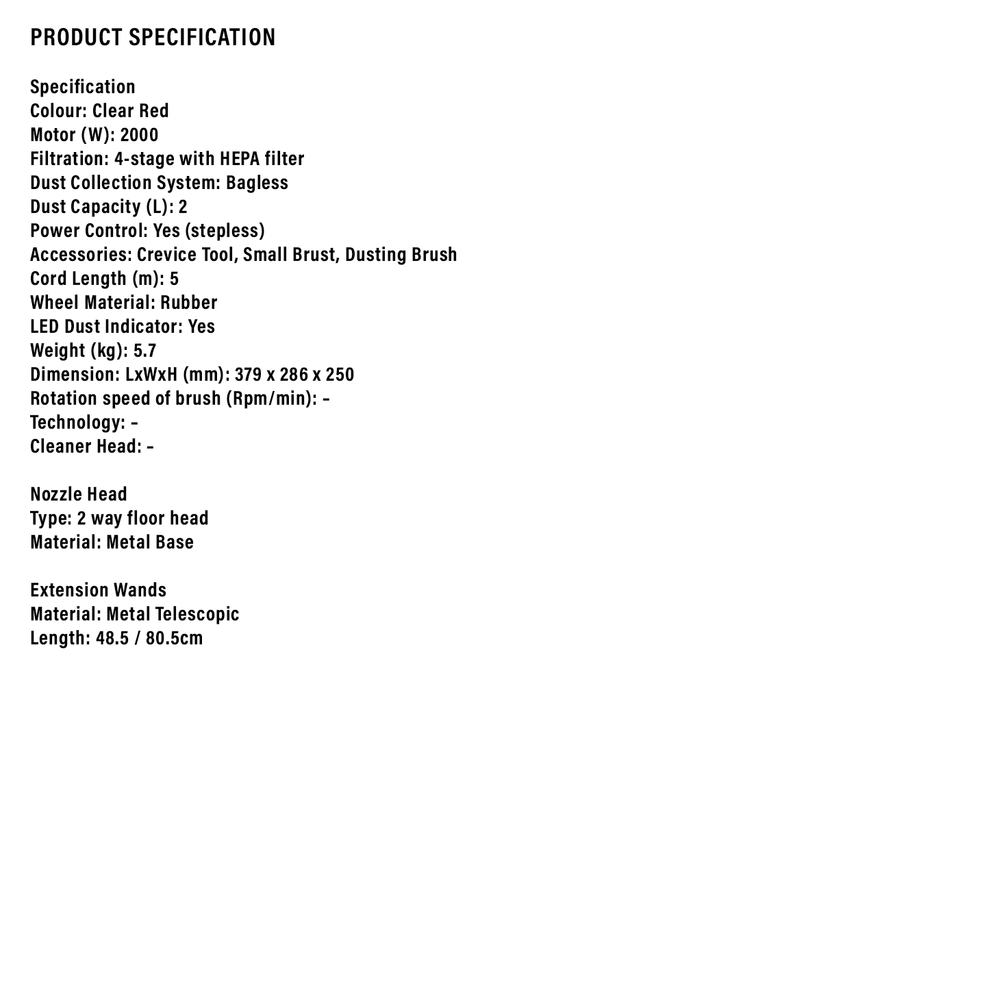 Sharp 2000W Bagless Vacuum Cleaner (ECLS20R)