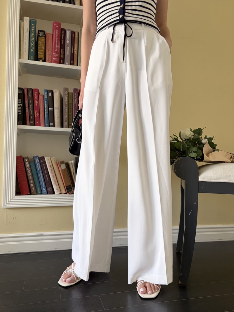 [超涼!!] Contrast Belt Wide Leg Slacks (White)