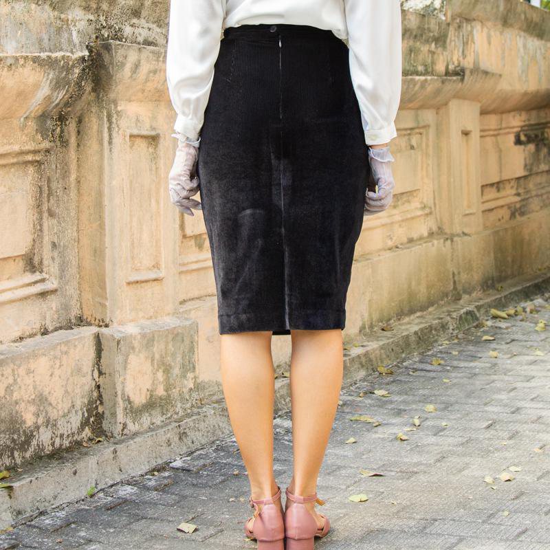 SOLD OUT Classic Black Velvet Pencil Skirt with Vertical Pattern (FM077)