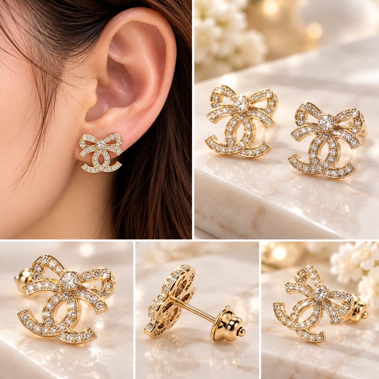 Chanel 香奈兒金色蝴蝶結水晶CC耳環