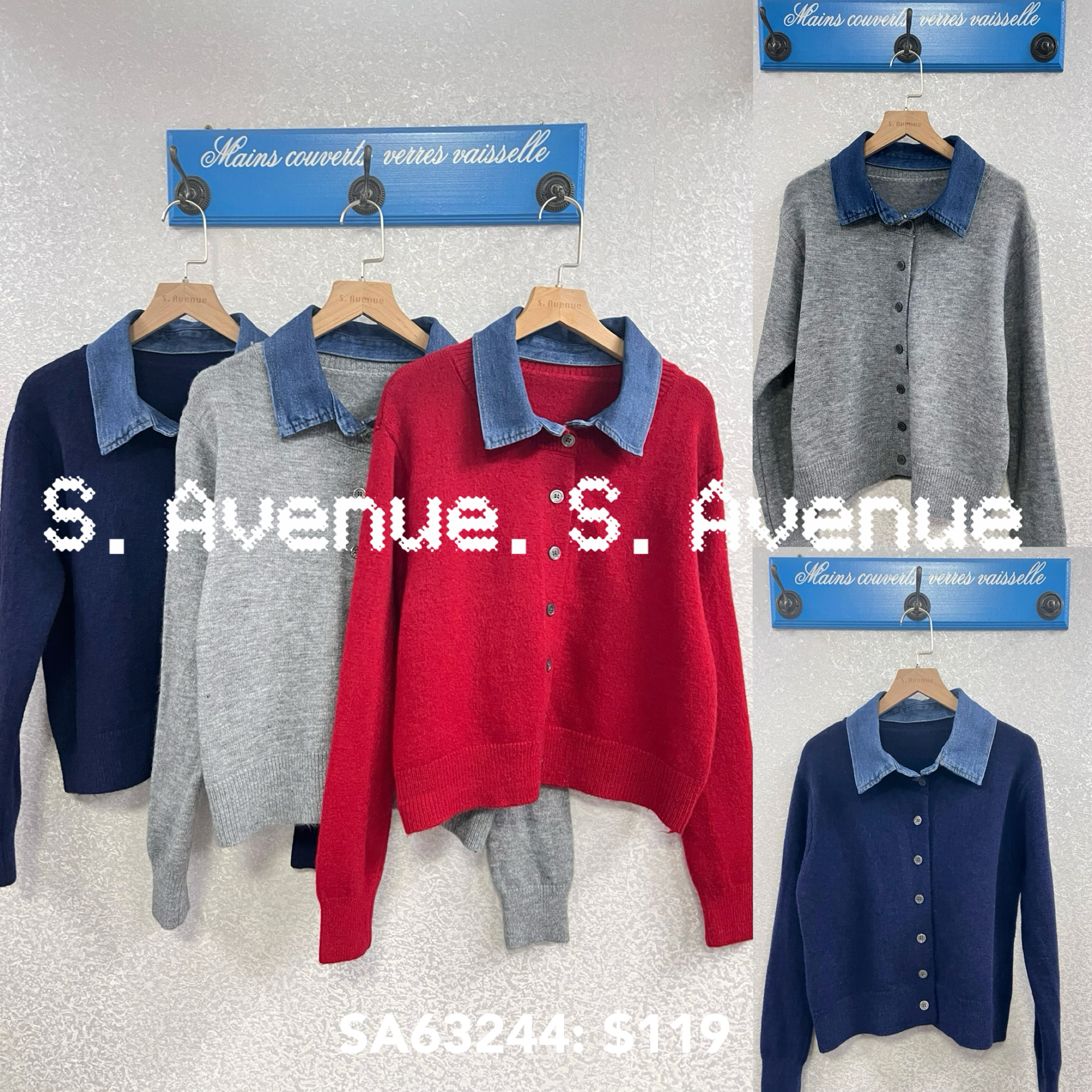 SA63244: 長袖牛仔領有鈕雙著冷top