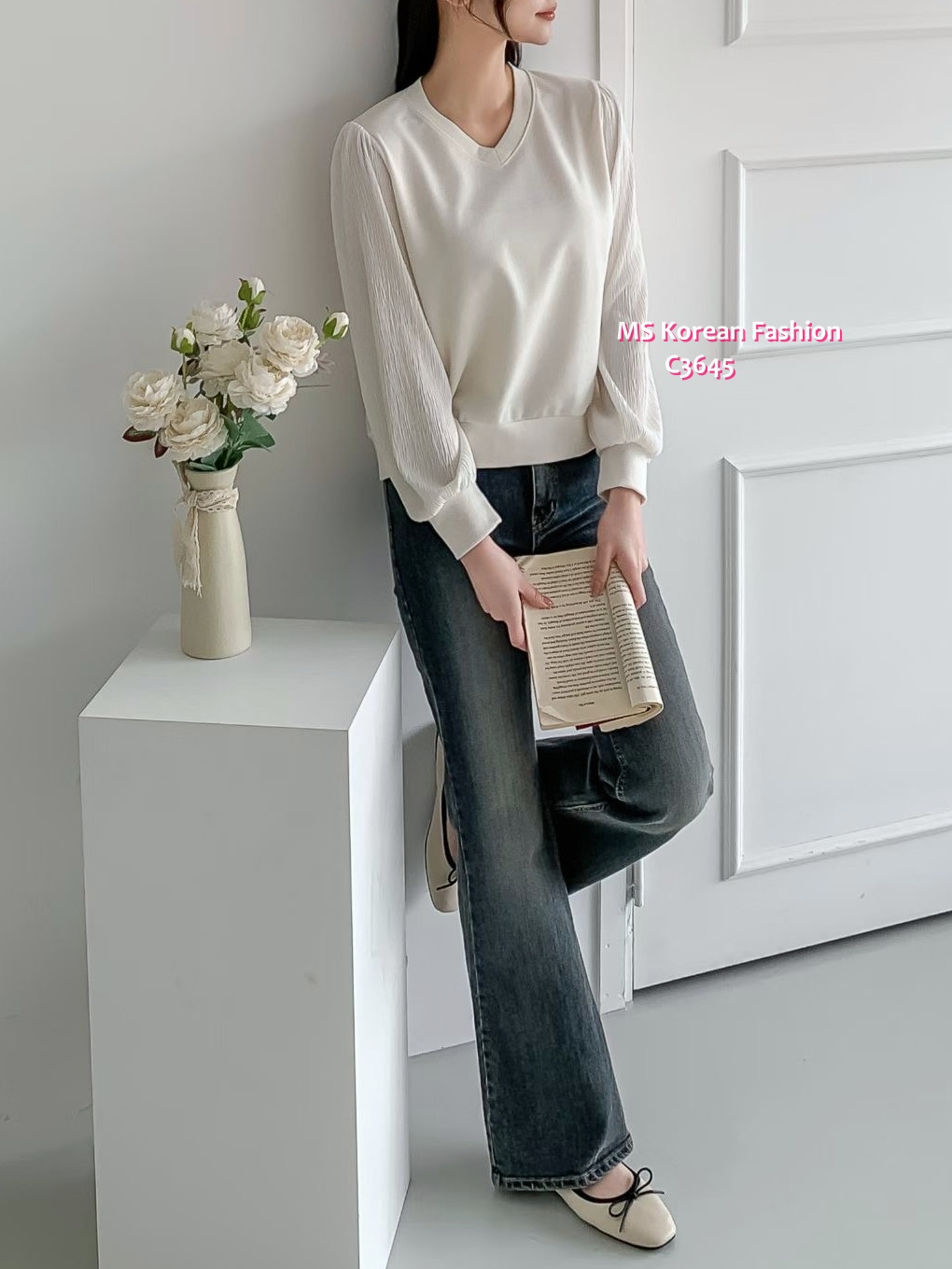 C3645 韓國🇰🇷V領直紋袖top