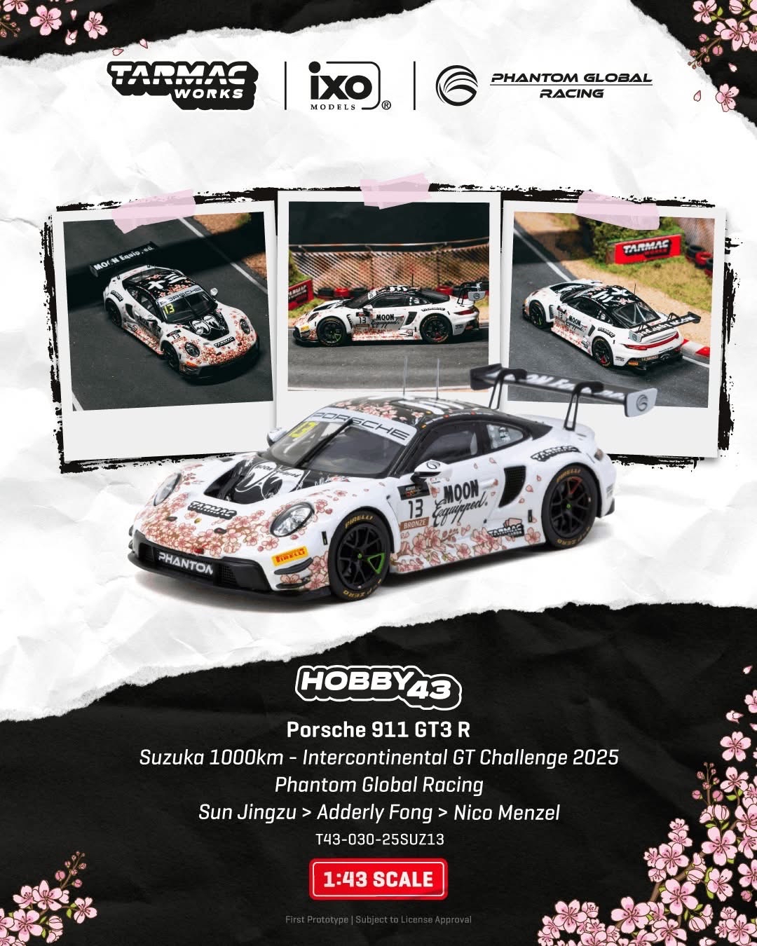 ##m(預訂 Pre Order) Tarmac Works ( T43-030-25SUZ13 ) 1:43 Porsche 911 GT3 R Suzuka 1000km - Intercontinental GT Challenge 2025 Phantom Global Racing Sun Jingzu / Adderly Fong / Nico Menzel