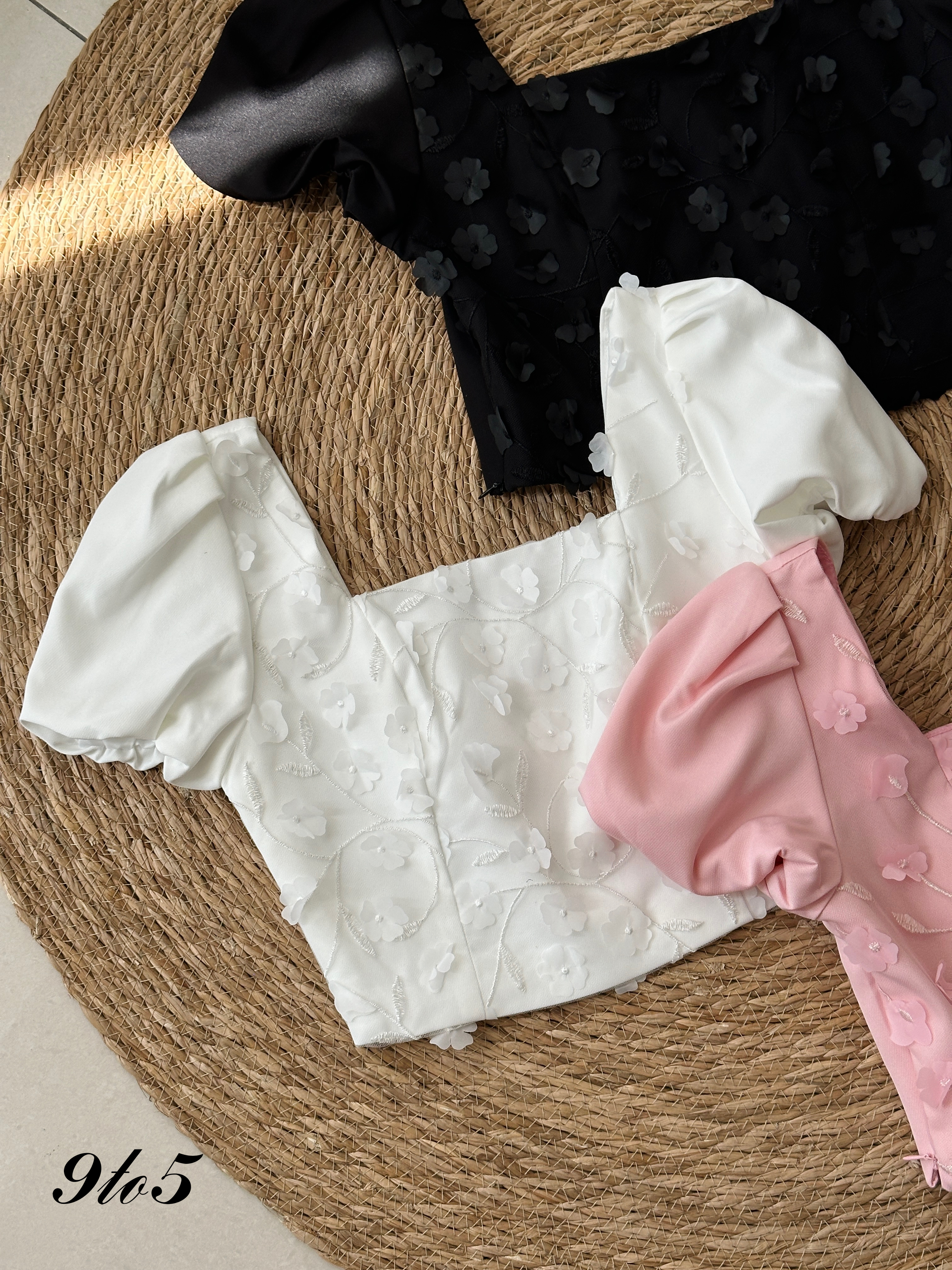 T3961 Puff Sleeve Square Neck Crop Top - 3 Colors