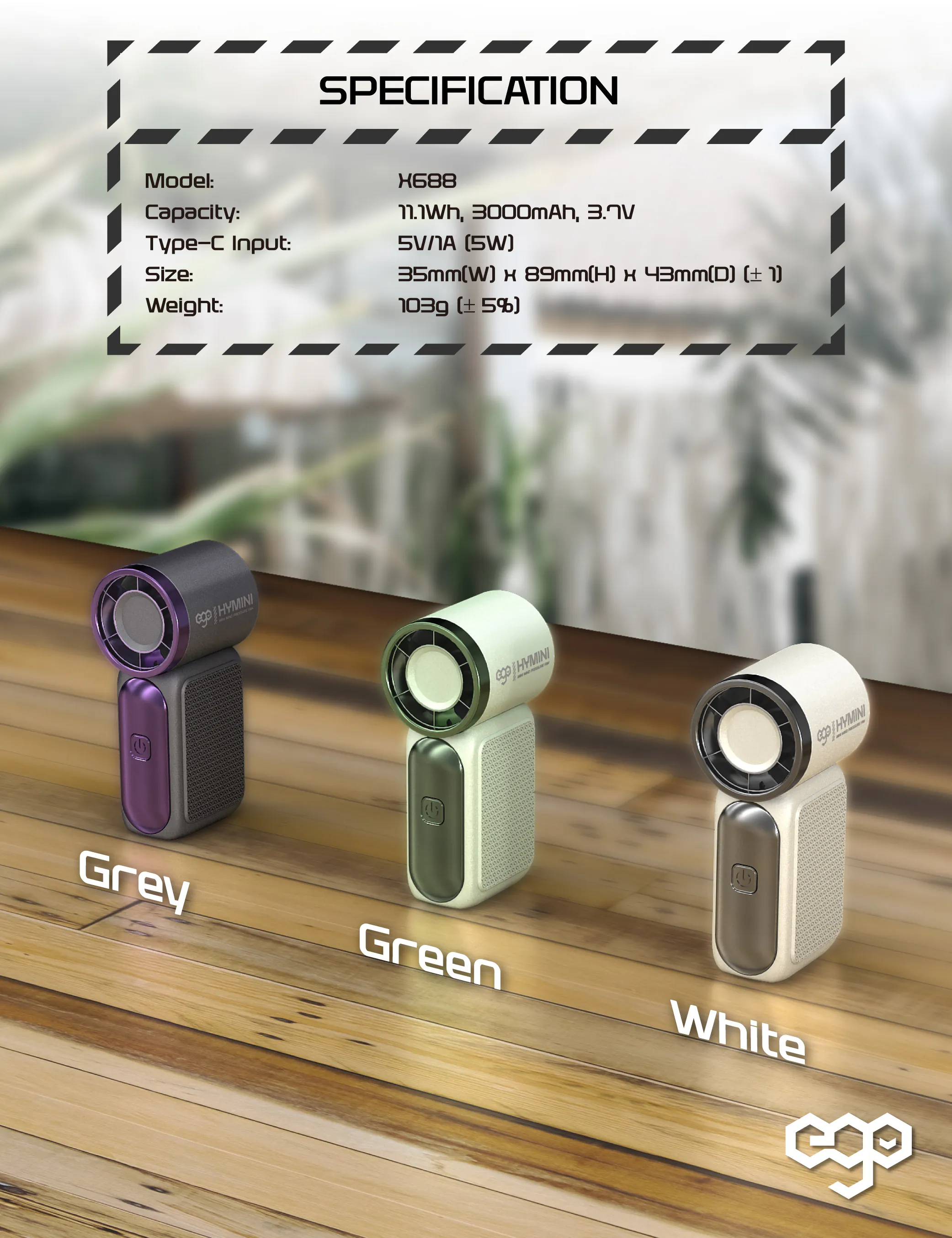 香港行貨 一年保養 ego - HyMini 極迷你風扇 8小時長氣 / 2.4萬轉風壓 / LED顯示 / 超迷你體積 X688