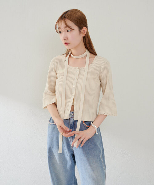 喇叭中袖lace邊頸帶小外套