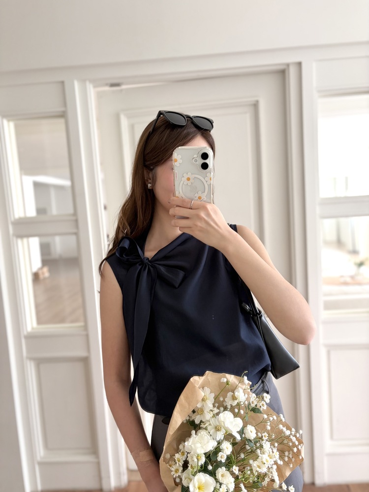 Sheer Tie-Neck Top (Navy)