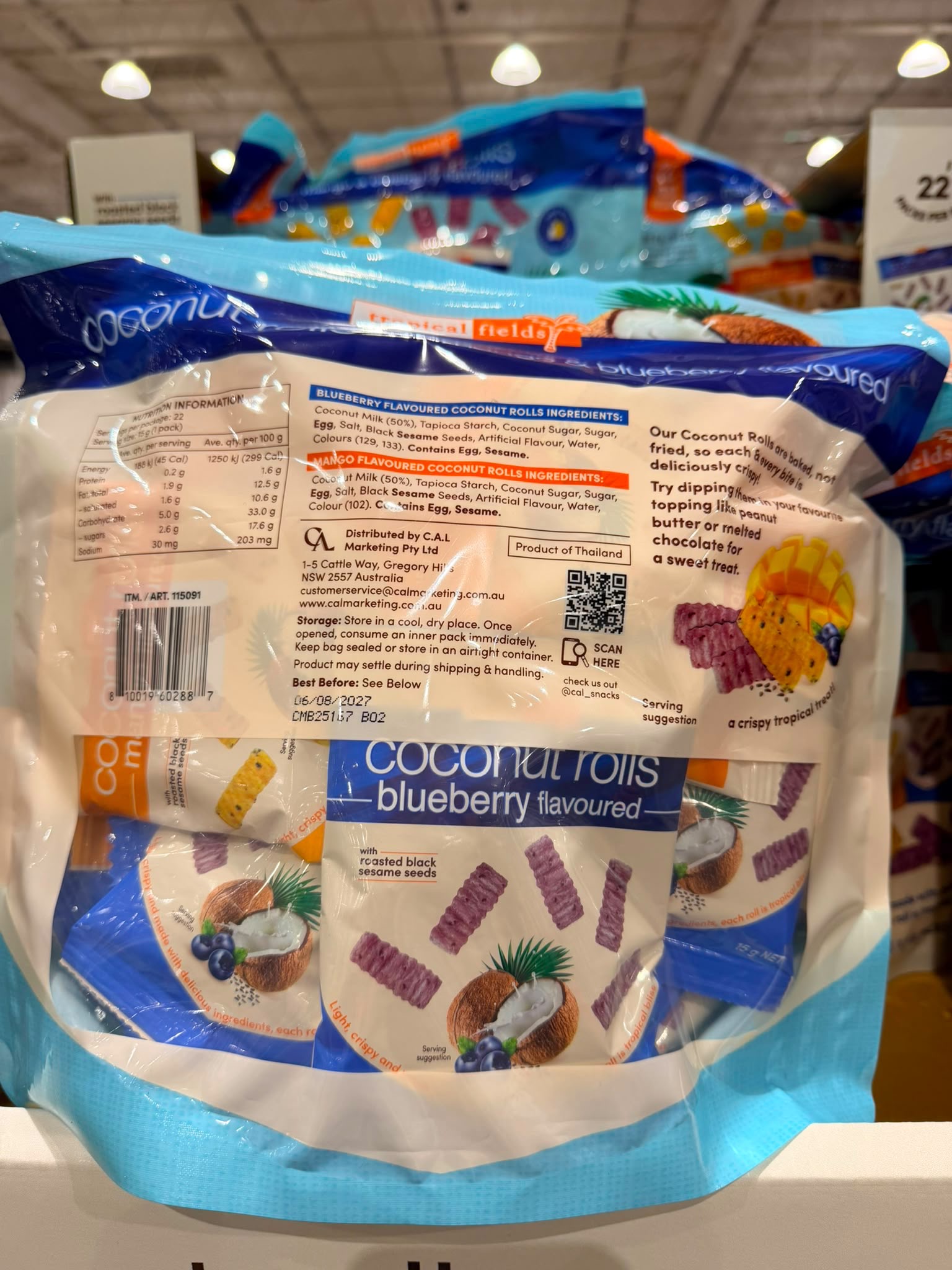 澳洲Costco Tropical Fields Coconut Rolls 藍莓椰子卷+芒果椰子卷 Multipack 22包x 15g
