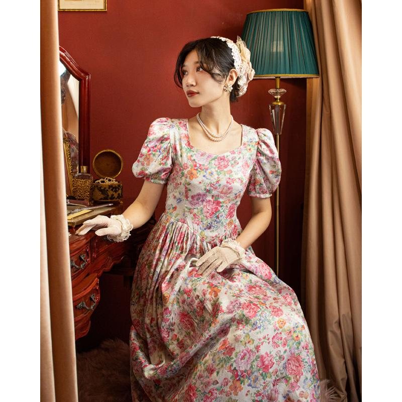 Vintage 1980s Romantic Pink Rose Princess Ankle Length Dress(MT1027)