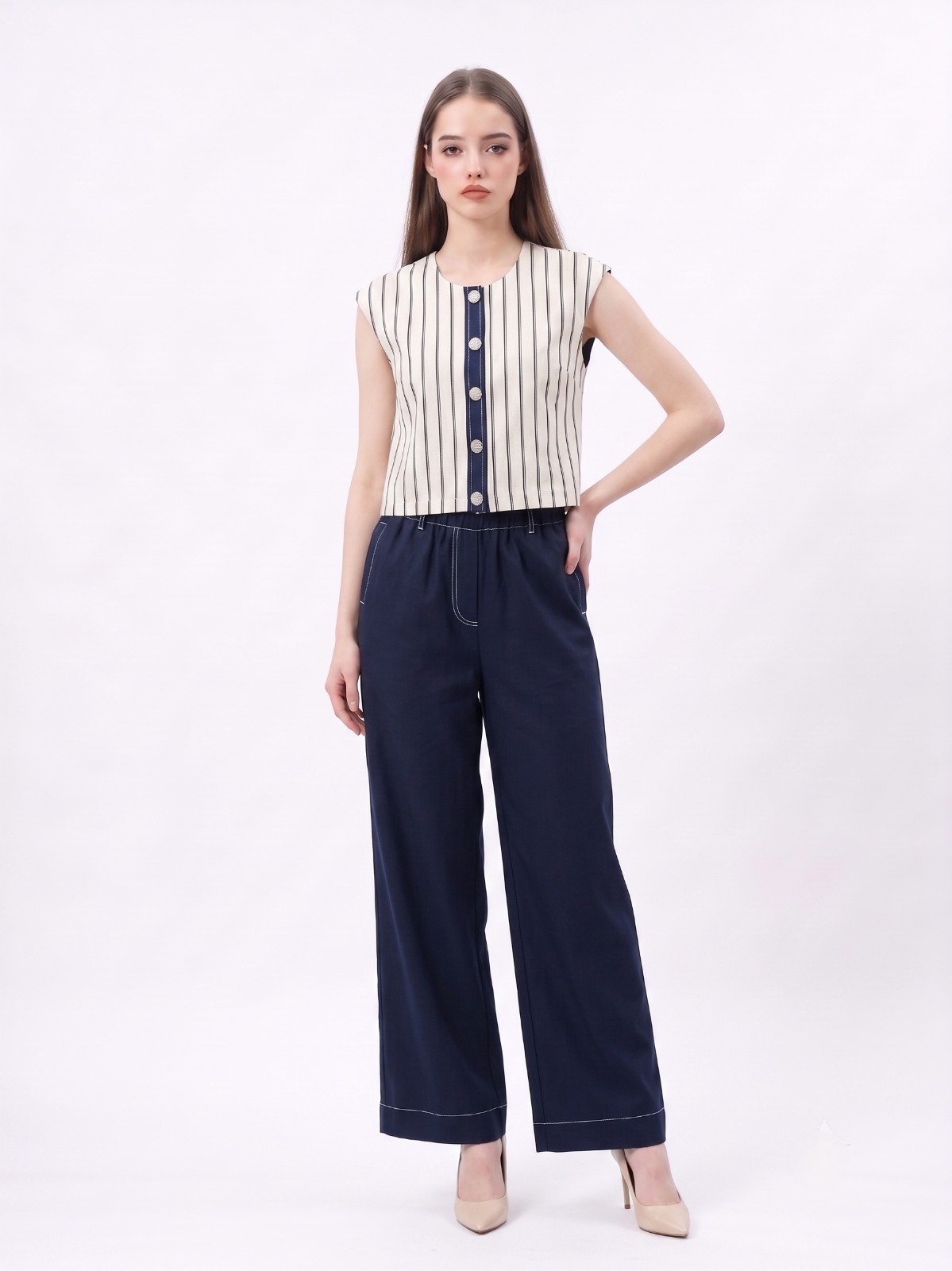 E8259BB Mila Striped Button Detail Crop Top