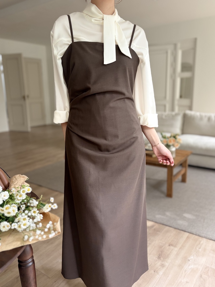 Gathered Adjustable Cami Dress (Brown)