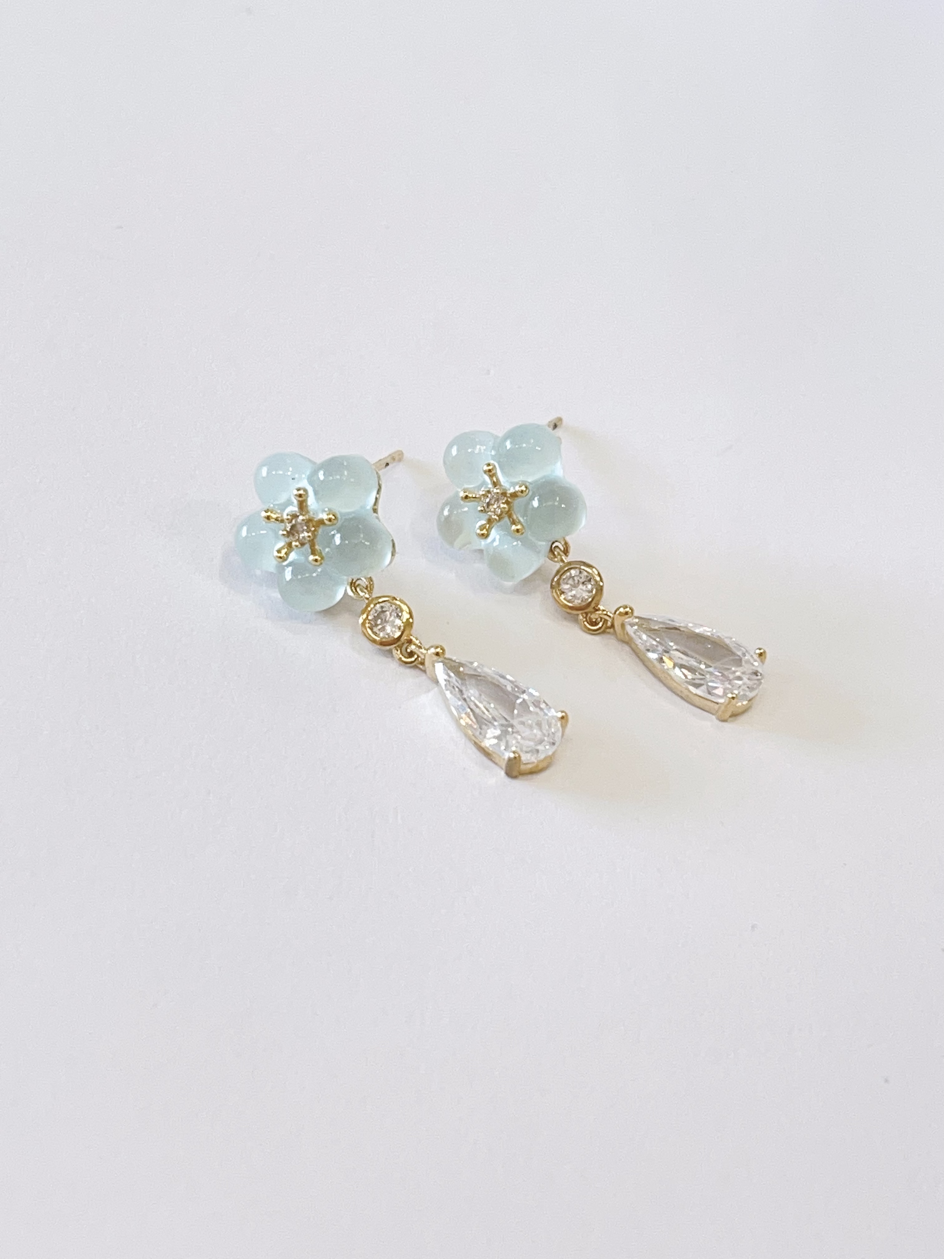 清透蓝色小花朵锆石流苏耳环