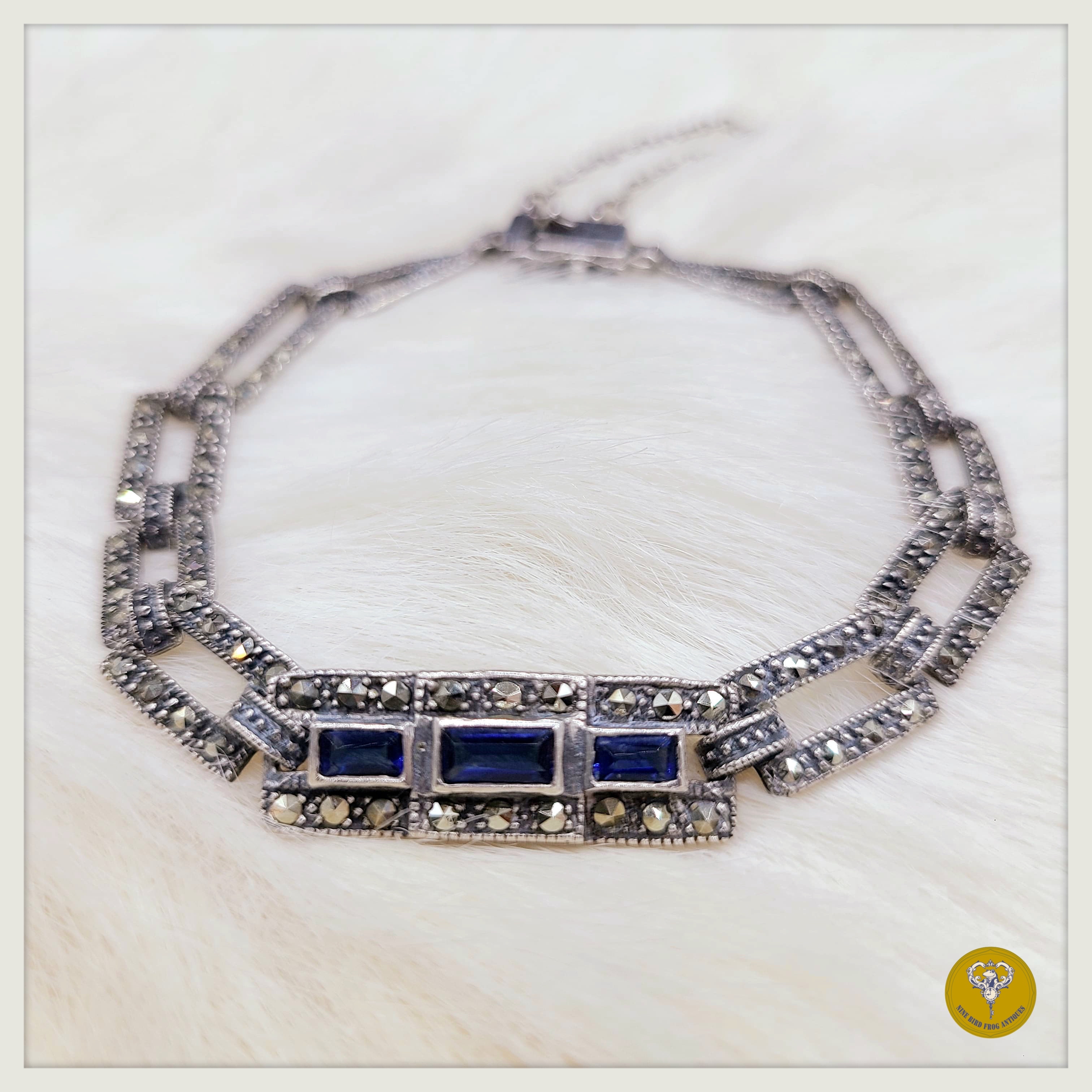 Art Deco時期黃鐵礦石人造藍寶石純銀手鍊