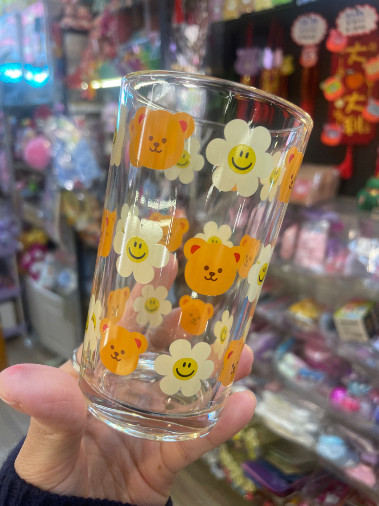 可愛小熊笑臉花玻璃杯