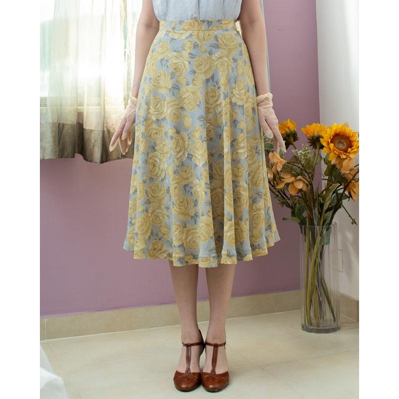 Vintage Japanese Romantic Yellow Rose Pattern Flare Skirt - Waist 26"(MT1606-60)