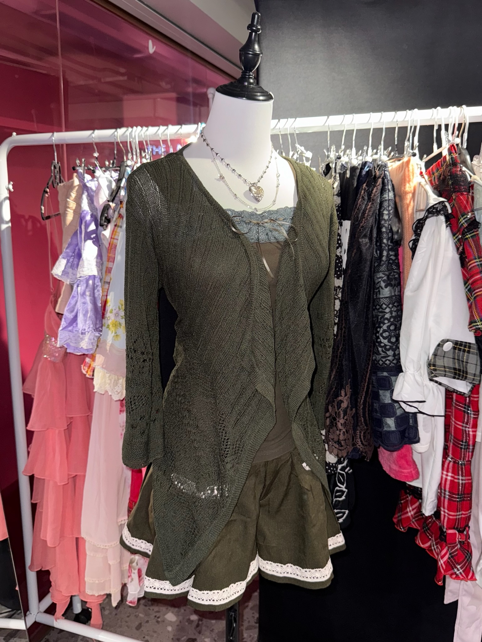 Dark Green Knitted Cardigan Lace Shorts Set