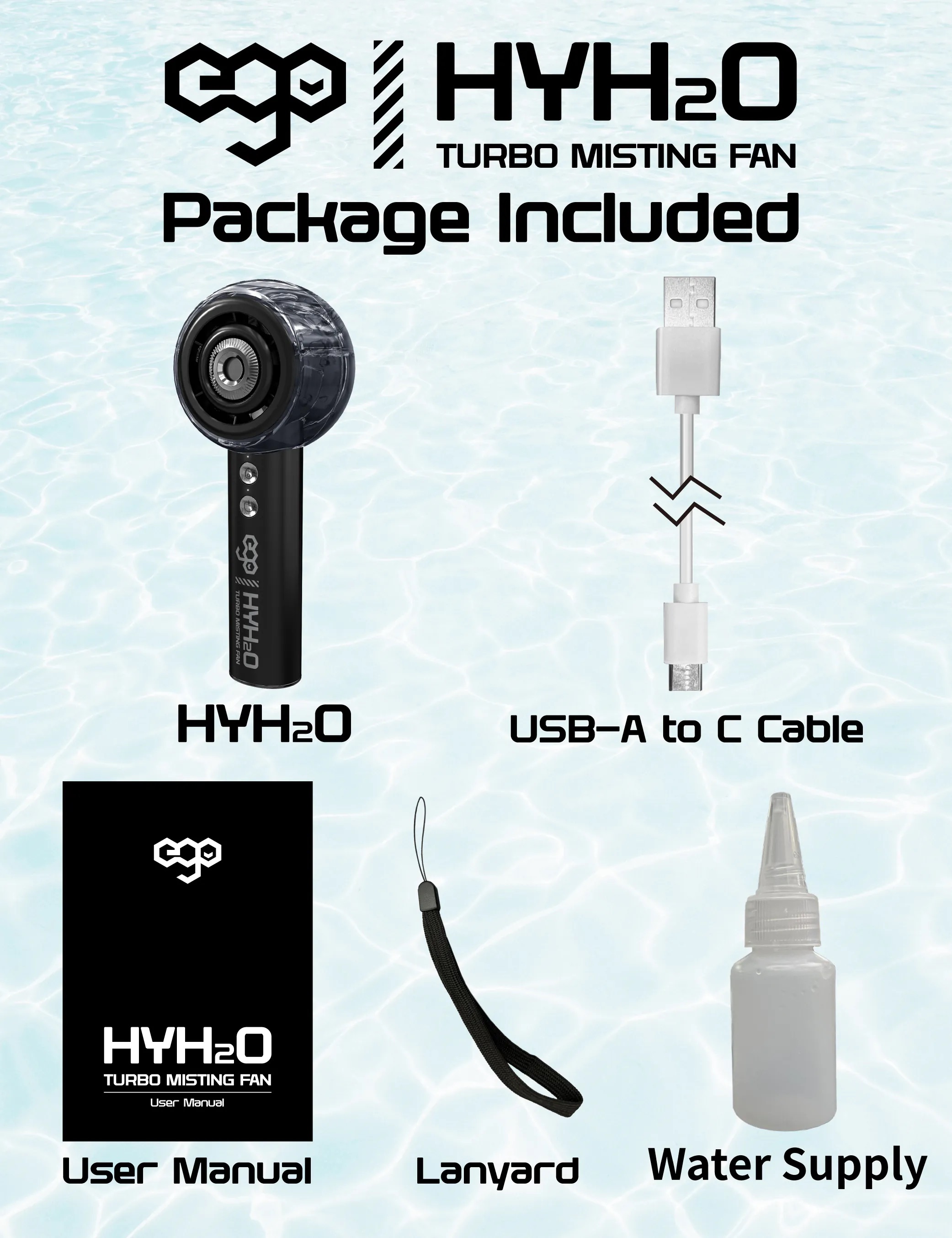 ego - HyH2O 噴霧水冷風扇 手提風扇 噴霧水冷 | 補濕美容 | 強勁風速 | 18小時長氣