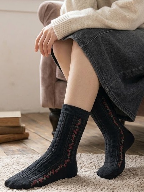 Korean Floral Stitch Women's Crew Socks