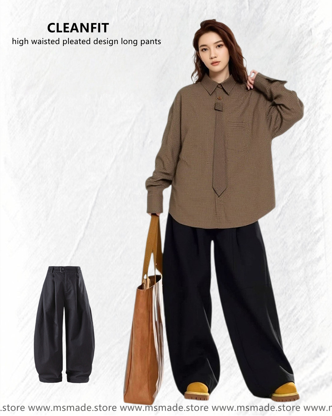 M2538高腰皺褶設計感落地褲