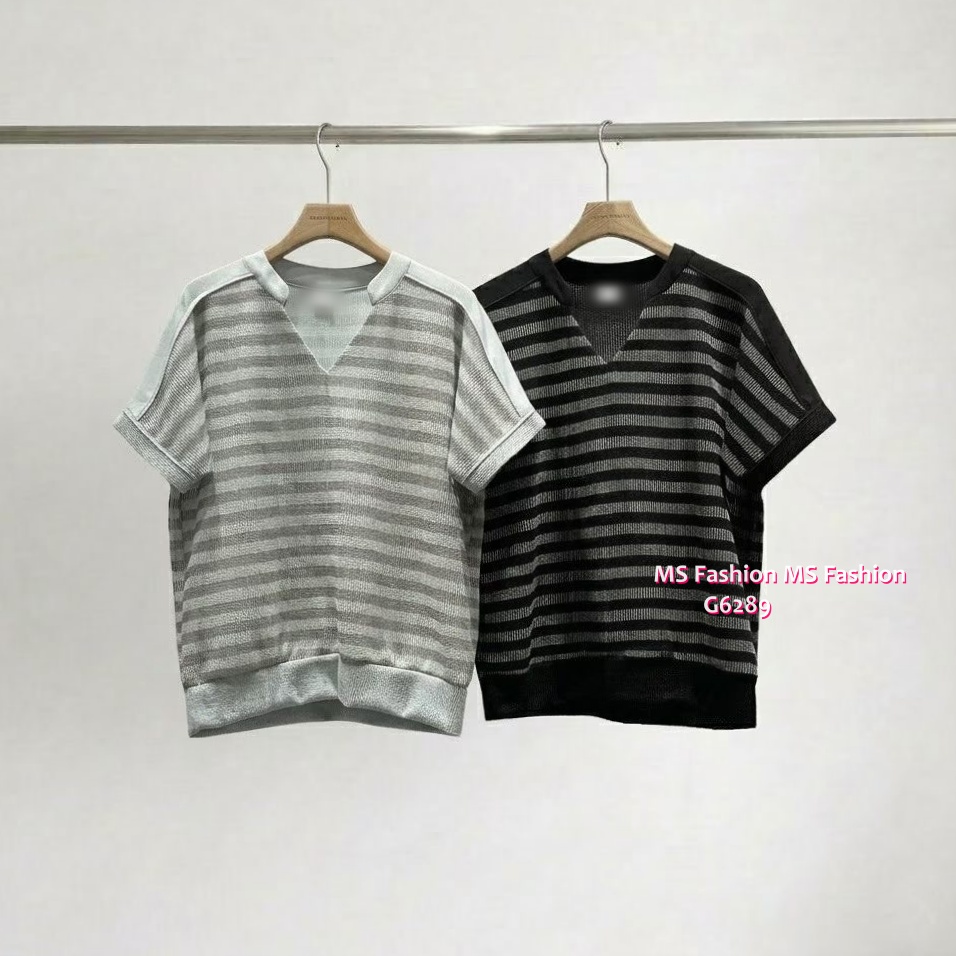 G6289 韓國🇰🇷V領橫間拼布top