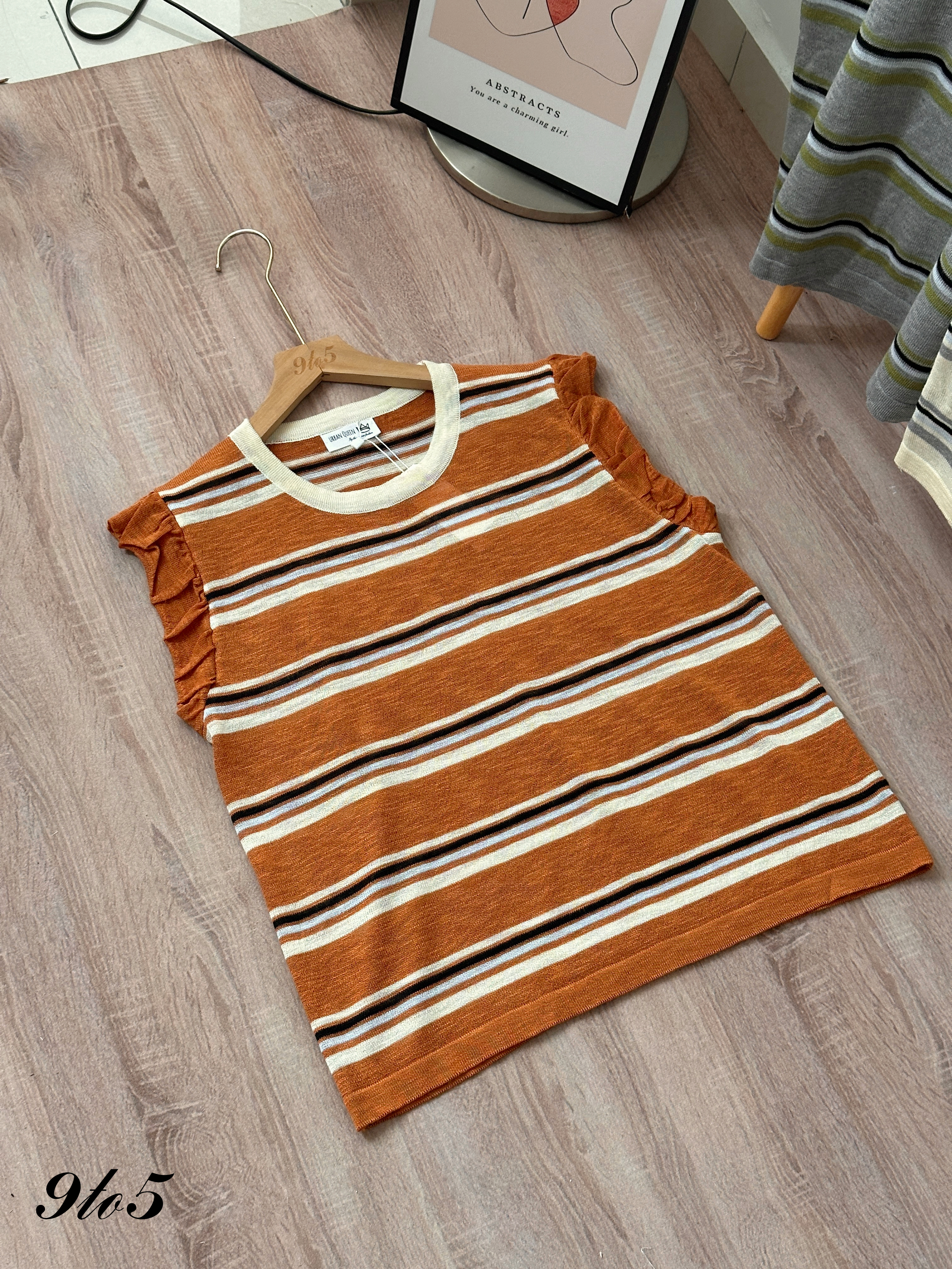 T4424 Ruffle Sleeve Contrast Striped Top - 3 Colors 