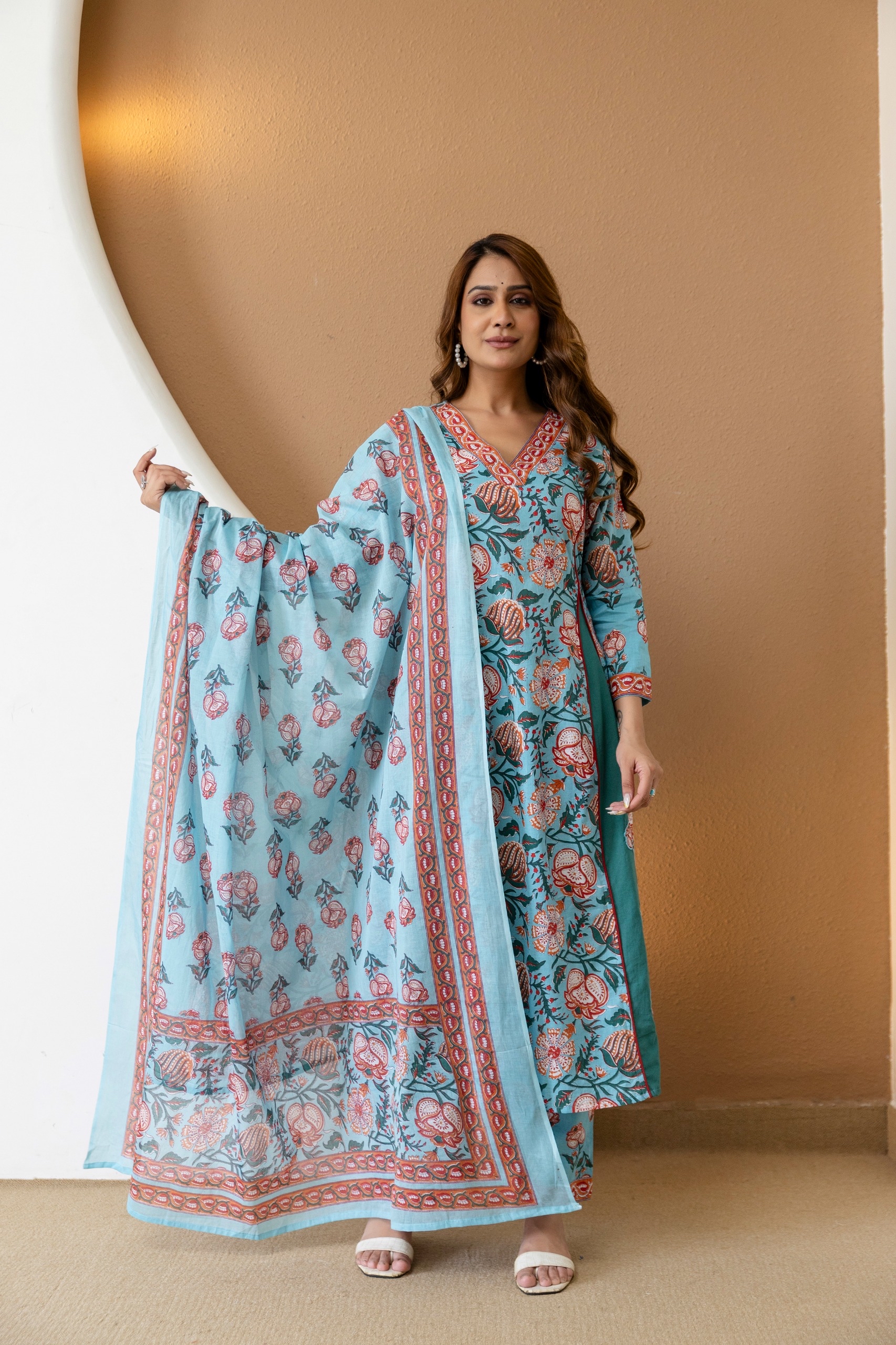 Turquoise Blue Floral Print Kurta Set