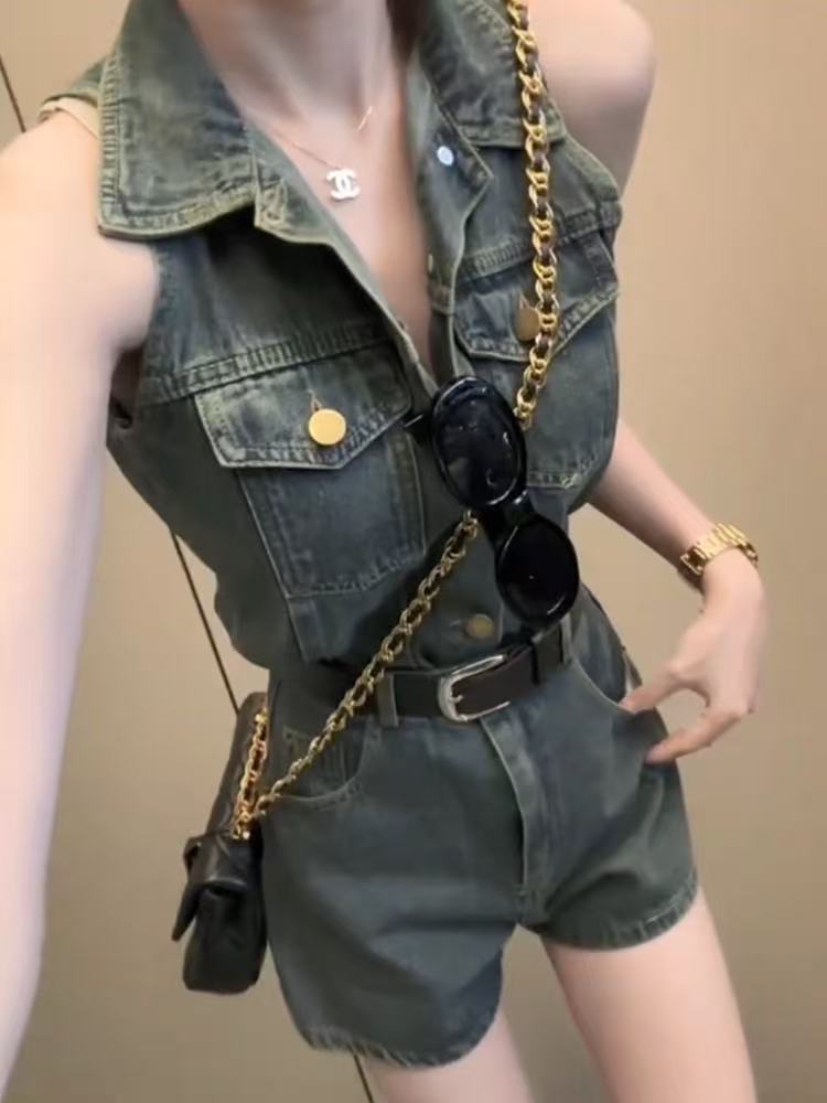 S10014单排扣连衣短裤