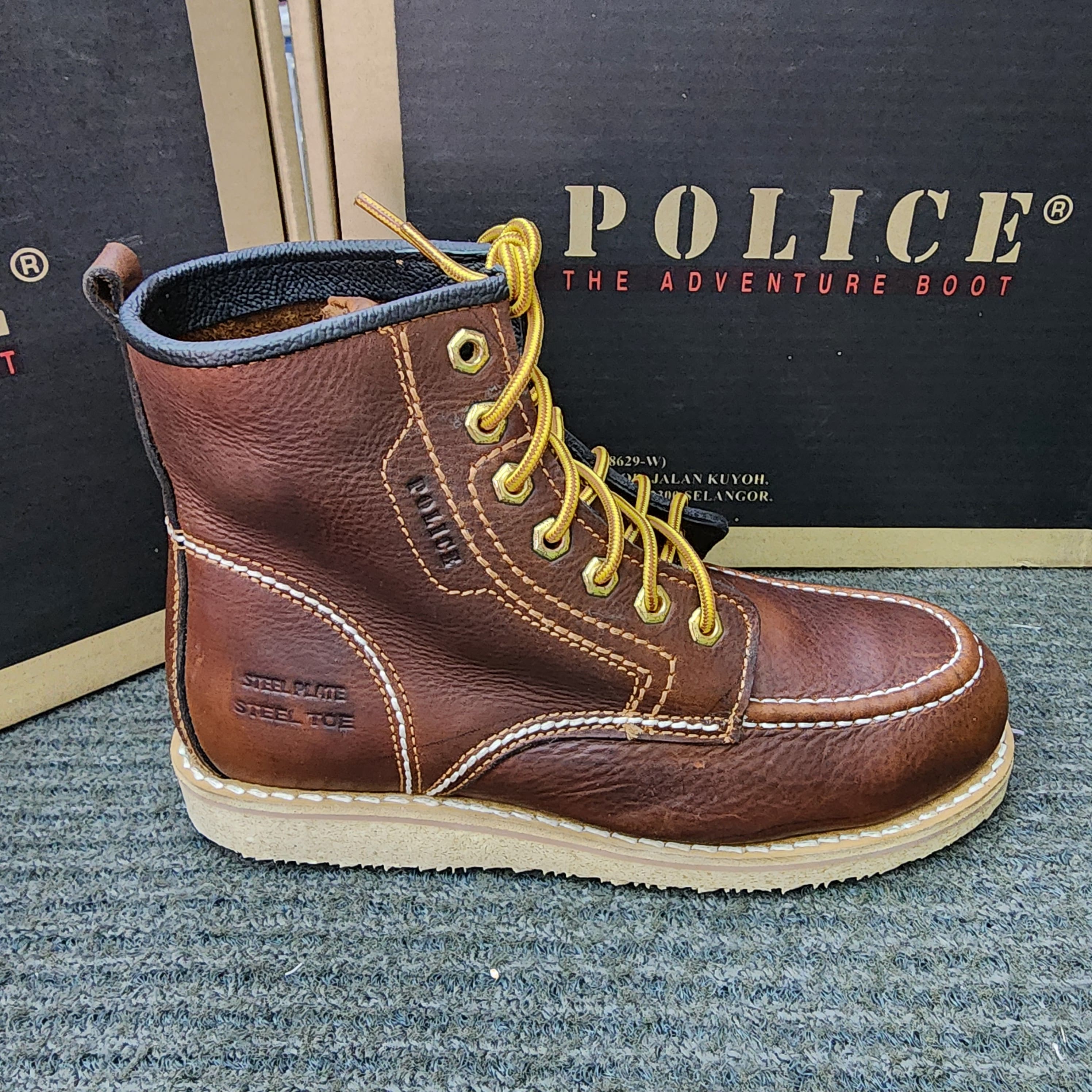 POLICE SAFETY 93597 Zip 93603 Lace Up Mid Cut Leather Safety Shoes Brown Kasut Keselamatan