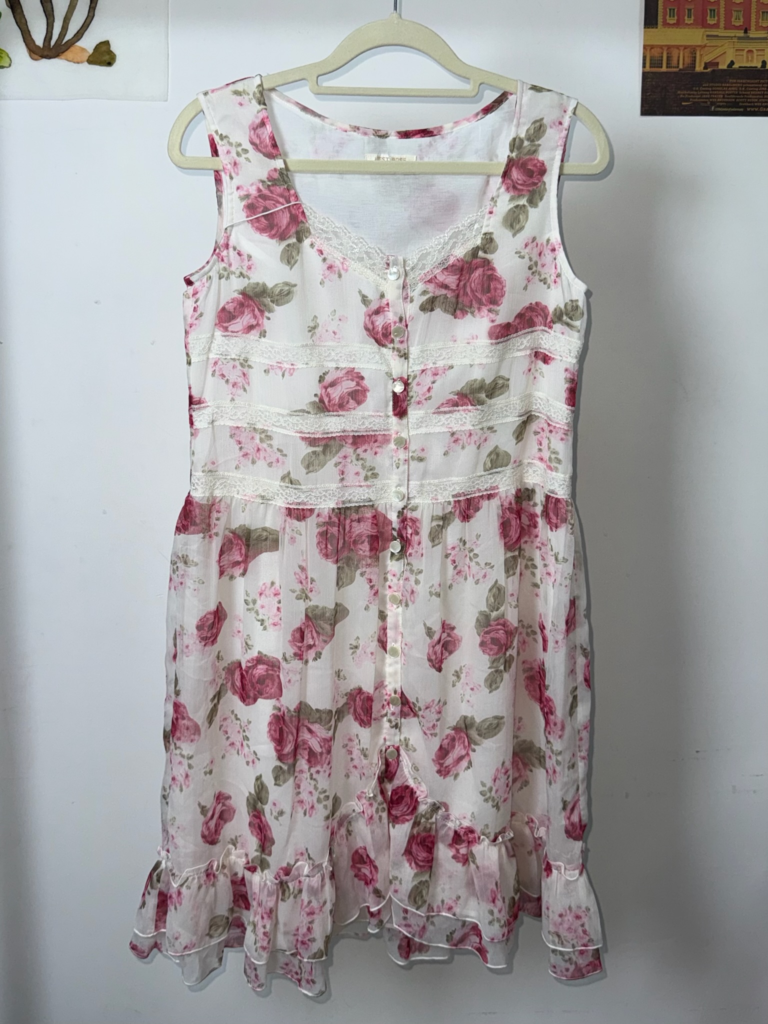 French Vintage Rose Print Lace-Trimmed Midi Dress