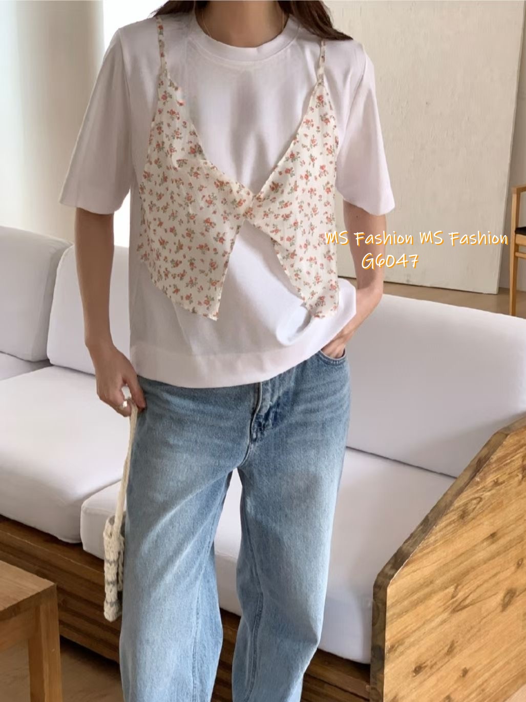 G6047 韓國🇰🇷假兩件拼碎花布top