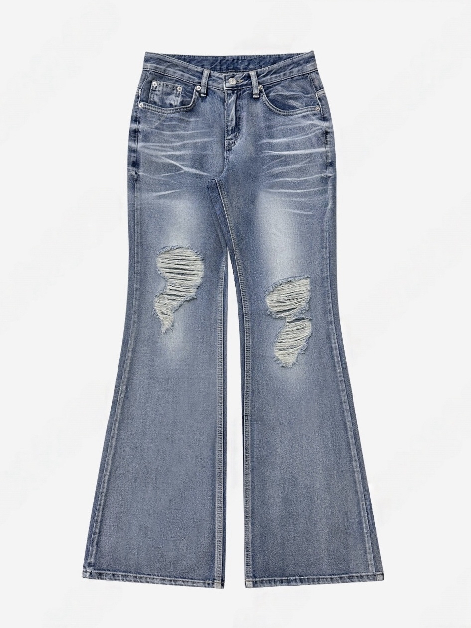 Washed Distressed Flare Jeans