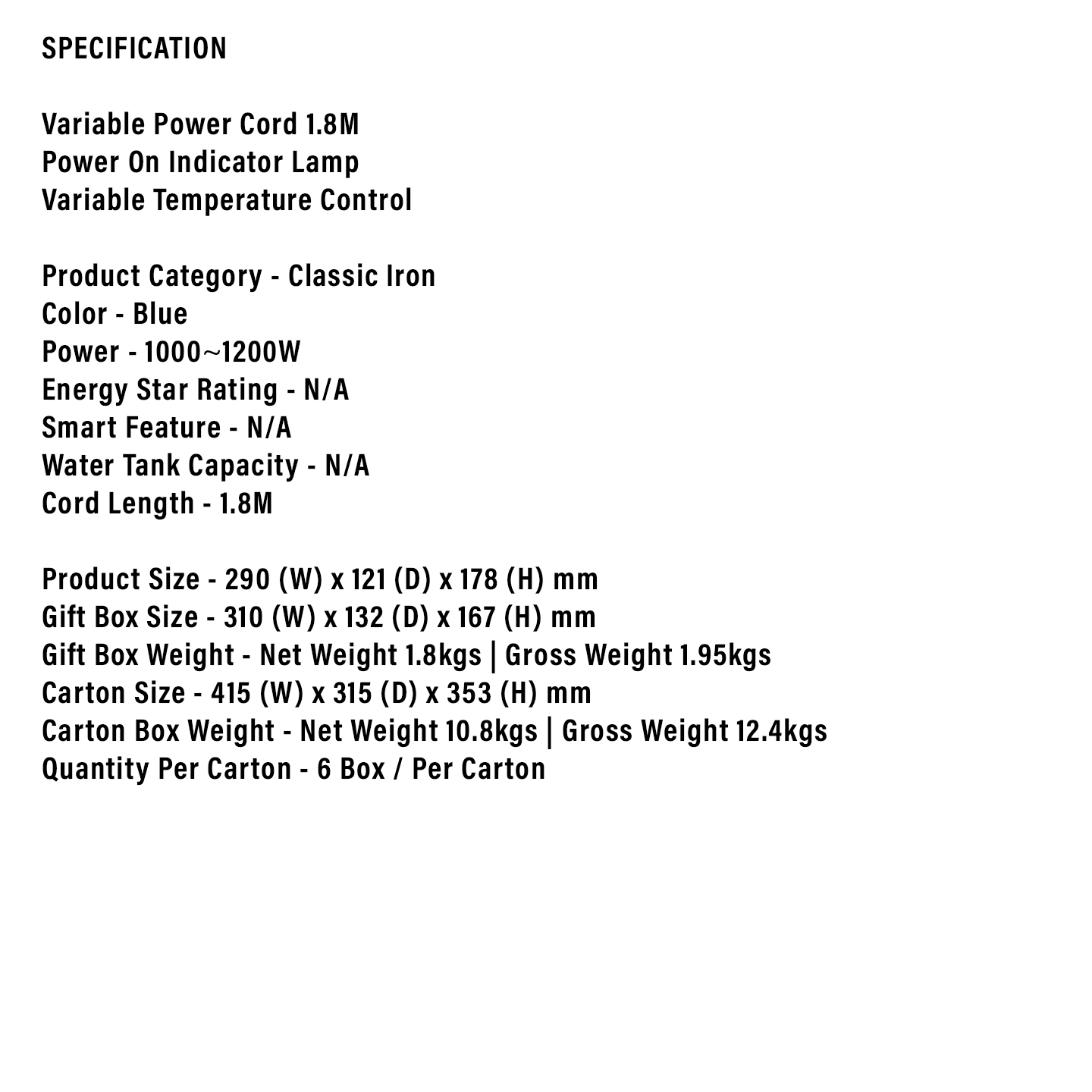 Faber 1000W Classic Iron FDI 1218BU