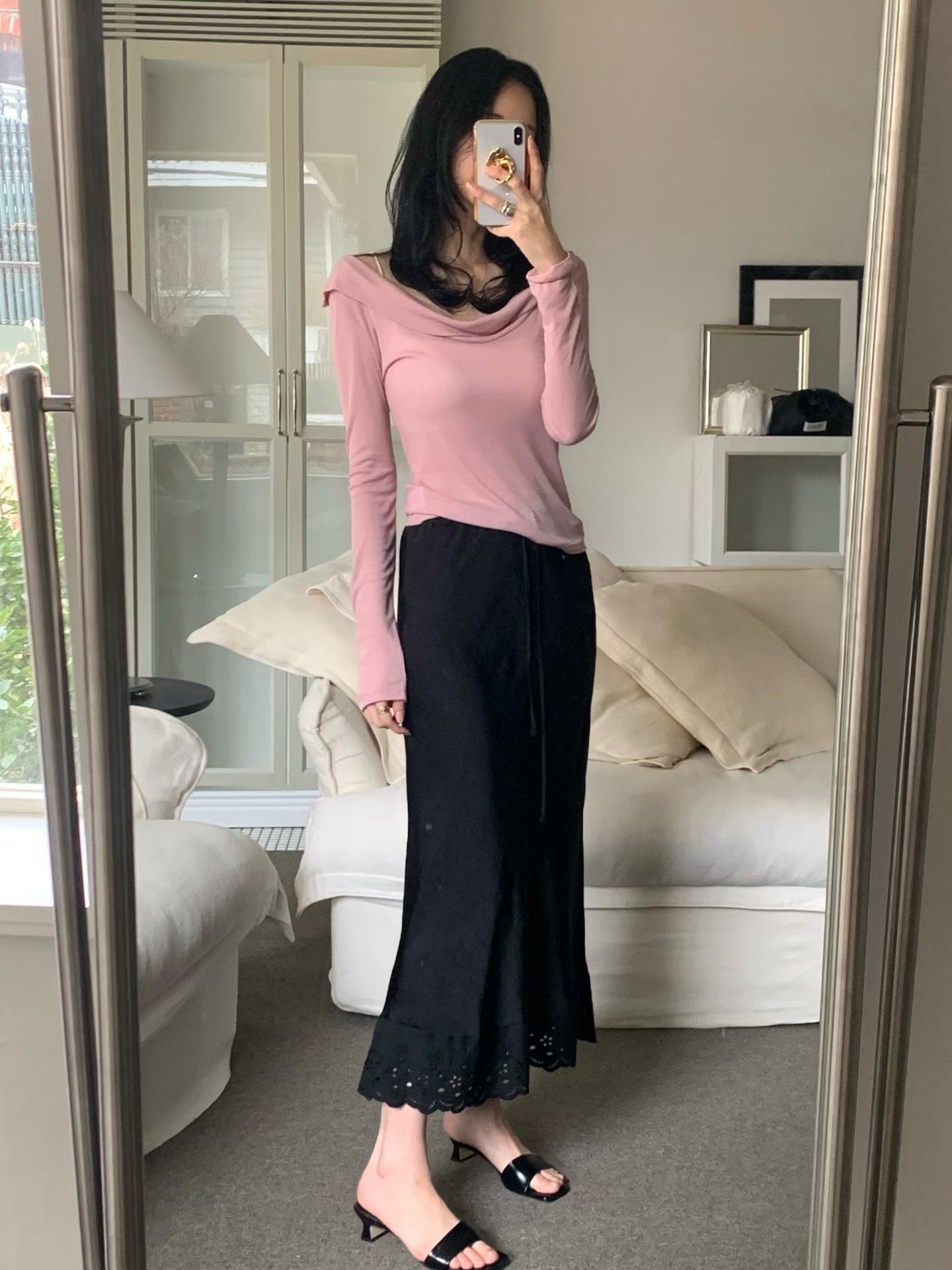 Embossed satin lace long skirt