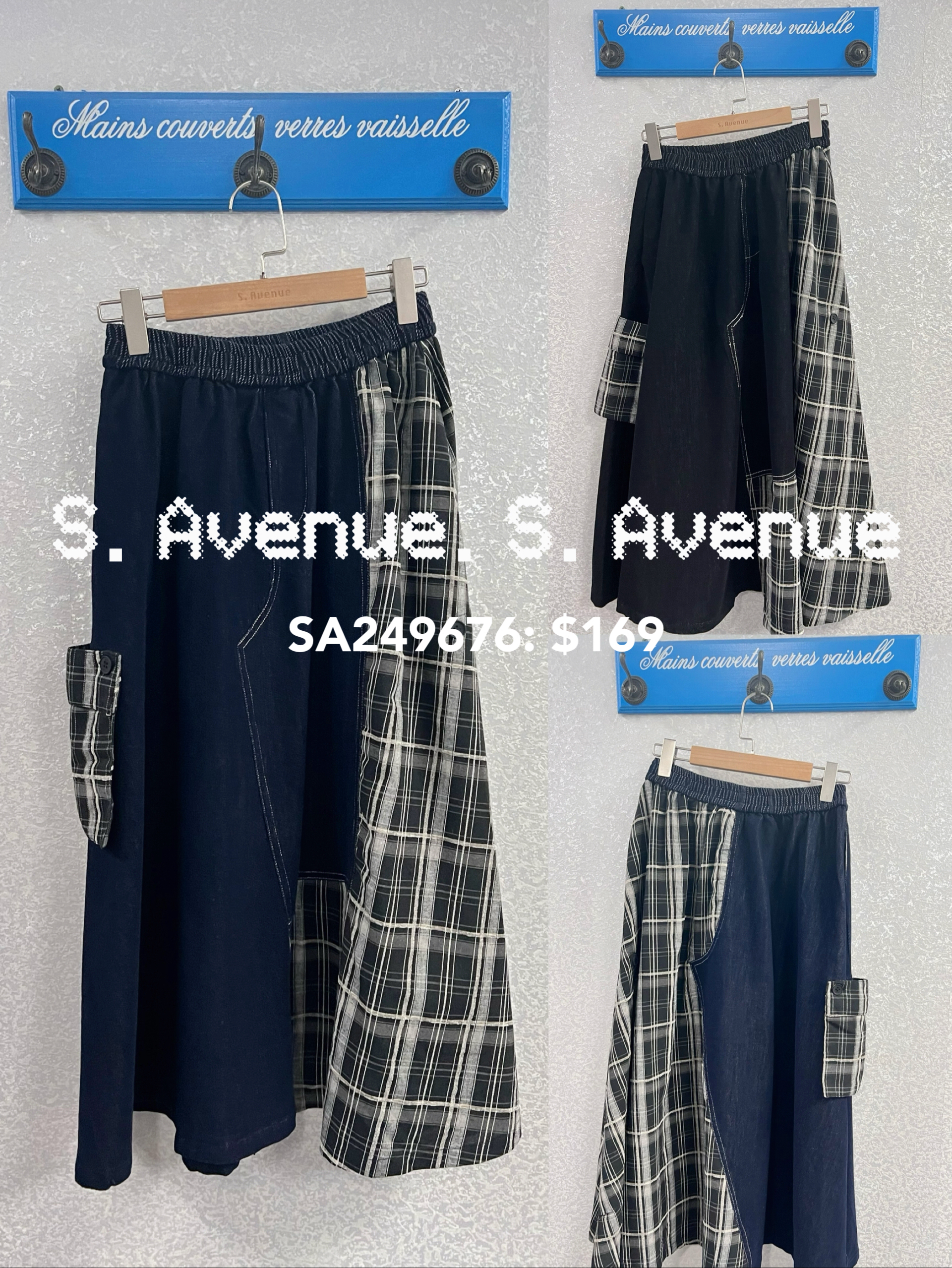 SA249676: 橡筋腰牛仔拼格仔長裙