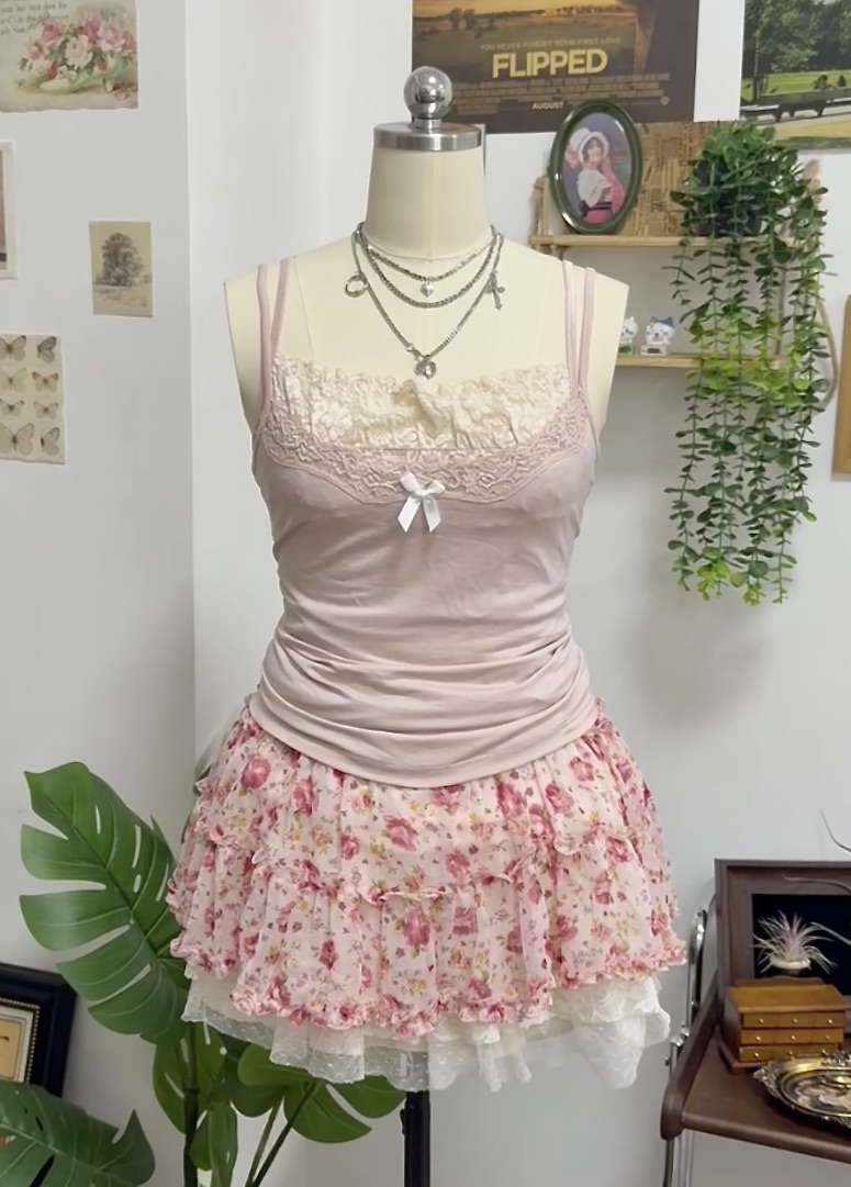 Pink Floral Ruffle Skirt